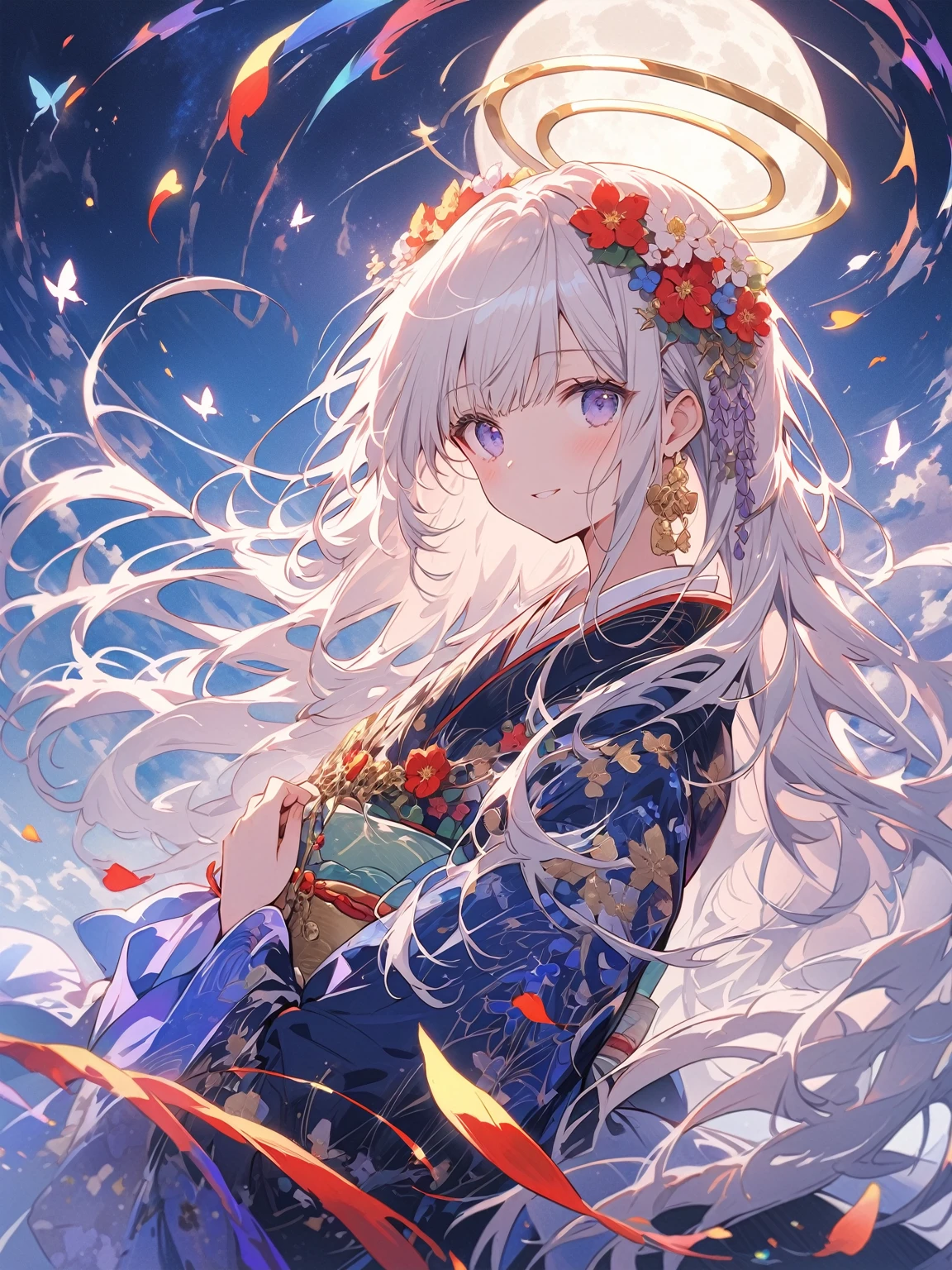Beautiful girl in a fantastic night view、Anime-style illustrations。Long silvery white hair、Smooth as silk and reflecting light、Fluttering gracefully in the wind。大きなredい瞳、Filled with deep emotion、Shine mystically。Dark blue kimono、Flower and butterfly patterns delicately embroidered with gold thread、Intricate floral decoration on sleeves and hem。A gorgeous flower crown on the head、red、green、purple、pinkの花々The layers are、Wisteria flowers hang gracefully down。My skin is illuminated by the moonlight、Smooth and soft shine like white porcelain。A dignified expression、His eyes show deep thought and a little sadness。Lean your body slightly to the left、The folds of the kimono beautifully overlap。Hair swaying in the wind、The sleeves of the kimono flutter like butterflies。Moonlight and magical light particles softly illuminate your skin、Gives hair a silvery shine。Reflection of light in the eyes、Expressing vitality and mystery。The delicate stitching of the collar and cuffs of Japanese clothing、The gold thread embroidery catches the light and sparkles.。corolla flower々Vivid texture、Expressing the delicacy and three-dimensionality of the petals。Delicate depiction of fingertips、Strength and elegance in your hand。Mysterious and magical atmosphere、Expressions that wander the boundary between reality and dreams。Strength and fragility、A complex allure where beauty and danger coexist。A unique worldview that combines Japanese traditions with magical elements。Against the background of the night sky、A large full moon or halo surrounds the girl。Wisteria flowers hang down profusely、purpleとpinkのグラデーションで幻想的な雰囲気を醸成。Cherry blossom petals flutter in the wind、Expressing delicate movement and a sense of the seasons。Specular reflection on the water surface、Moonlight and flowers々The light of、Creating a fantastical other world。ハイクオリティなAnime-style illustrations、Carefully depicted in detail with delicate lines and rich colors。Fantastic and mysterious atmosphere、Expressing a dreamlike worldview that is far removed from reality。purple、green、pink、Focus on gold tones、深いgreenと明るい光のコントラストが印象的。Strong contrast of light and shadow、Expressing the expanse of space with a sense of depth and 3D effect。Particles of light fly through the air、The stardust-like glow creates a fantastic atmosphere。Petals and light particles dance on the wind、Add movement and life to the entire screen。Magical halo around the character、A mysterious aura。Reflection of light on the water surface、The shimmering water blurs the boundary between reality and fantasy。Position the character slightly left of the center of the screen、3/Four angles emphasize three-dimensionality and depth。Large circular light source in the background、The characters are arranged to envelop them.々Produce a sense of beauty。Vertical composition、Flowers on top々and light、The reflection of the water at the bottom expresses the connection between heaven and earth.。A multi-layered background that gives a sense of depth、Detailed depiction from the foreground to the background、Creating a fantastic space。