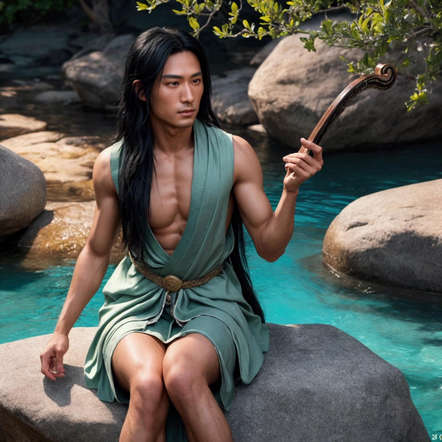 An ultra-detailed and realistic digital art, of a handsome young oriental sage in his 30s, tanned skin, athletic body, straight and long black hair, playing the harp sitting on a rock on the bank of a river with turquoise blue waters. The sage's clothes are long, dirty white fabric worn by monks, 30 megapixels, 4k, CanonEOS DSLR 5D Mark IV, 85mm lens, sharp focus, intricate details, long exposure, f/2, ISO 100, shutter speed 1/125, diffuse backlight, award-winning photography, front-facing, looking at camera, monovision, perfect contrast, high sharpness, facial symmetry, depth of field, ultra-detailed photography, ray tracing, global illumination, soft , ultra-high definition, 8k, unreal engine 5, ultra-sharp focus, award-winning photography