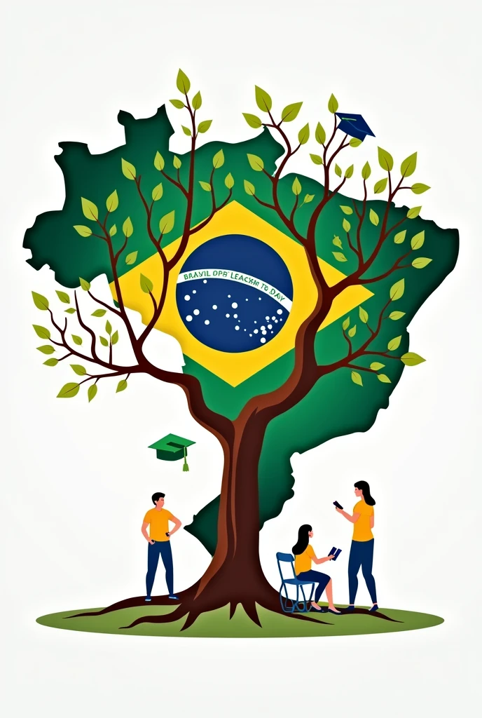 Design a Brazil Teacher's Day image featuring a large, vibrant tree with its roots shaped like the Brazilian map. The branches of the tree are made up of different educational symbols (books, pencils, graduation caps) and leaves in the colors of the Brazilian flag. The background can show students and teachers coming together to nurture the tree, symbolizing the growth and impact of education.