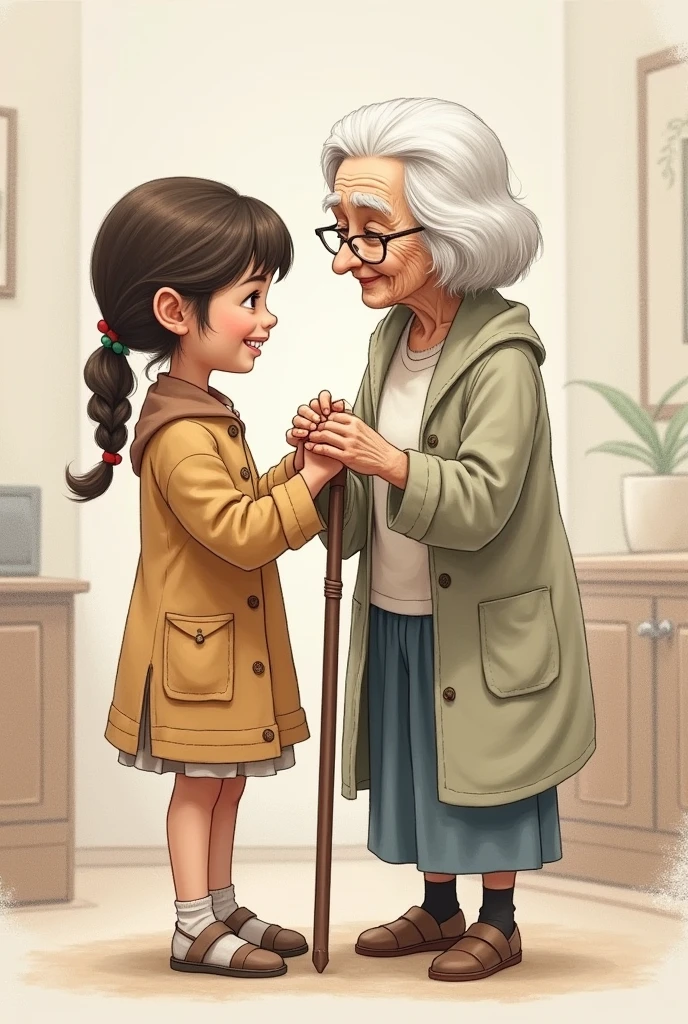 Drawing of a girl helping a grandmother
