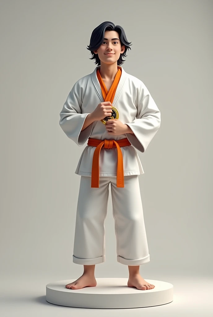Young white man with slightly long black hair on podium, with first place medal in karate, orange belt