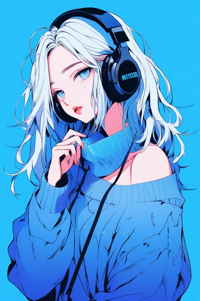 Illustrator, anime , Realistic ,sketch , 1 person, ,lip, Off-the-shoulder sweater, whole body, order, Blue gradient background, Neon messy medium length hair,(((Headphones around the neck))), Texture Trim, Canadian, (masterpiece,Highest quality)