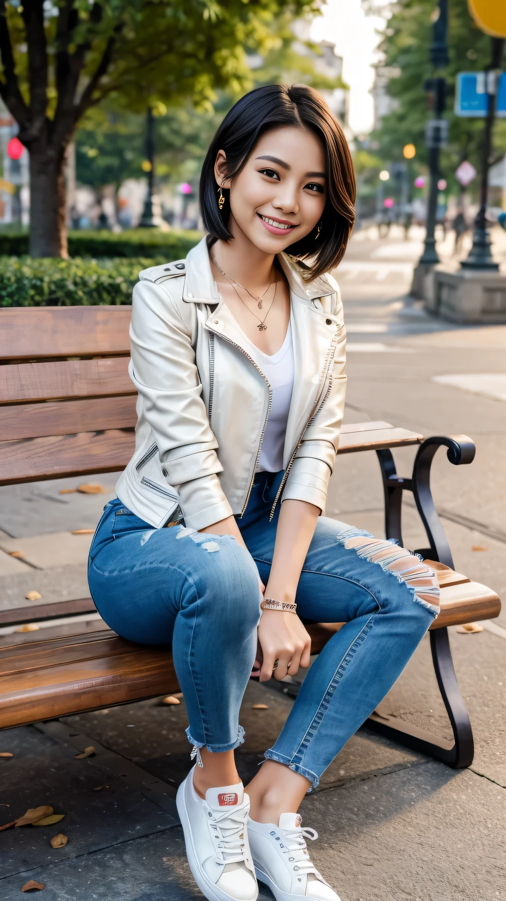 Super Resolution、Beautiful Filipino Woman、Full body photo、sitting on a park bench、short hair、、ear piercing、necklace、leather jacket、shirt、Skinny jeans、sneakers、smile、Beautiful teeth alignment
