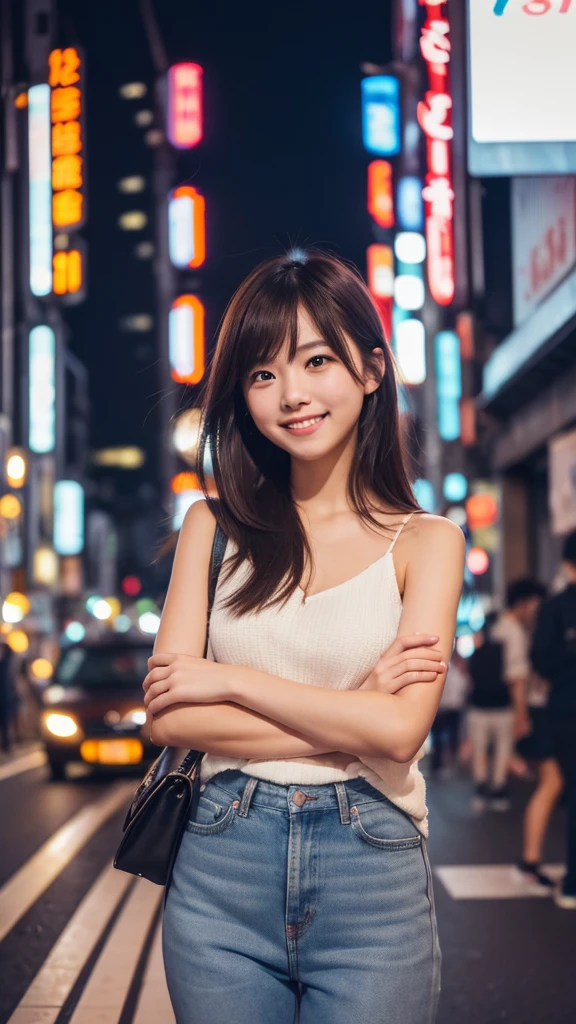 One girl, Tokyo Street,night, Cityscape,City lights,Upper Body,close,smile,, (8K, RAW Photos, Highest quality, masterpiece:1.2),(Realistic, photo-Realistic:1.37),