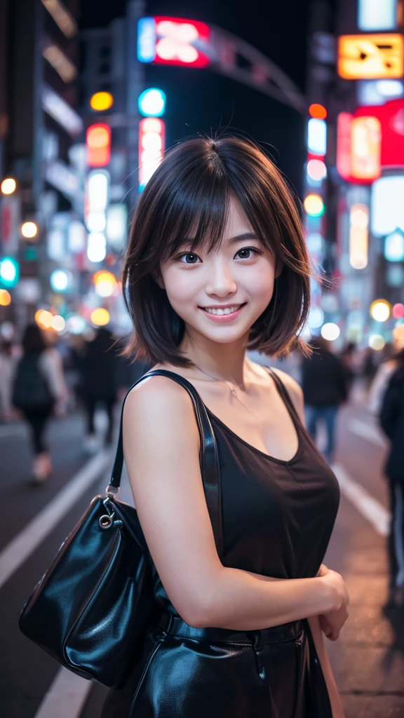 One girl, Tokyo Street,night, Cityscape,City lights,Upper Body,close,smile,, (8K, RAW Photos, Highest quality, masterpiece:1.2),(Realistic, photo-Realistic:1.37),