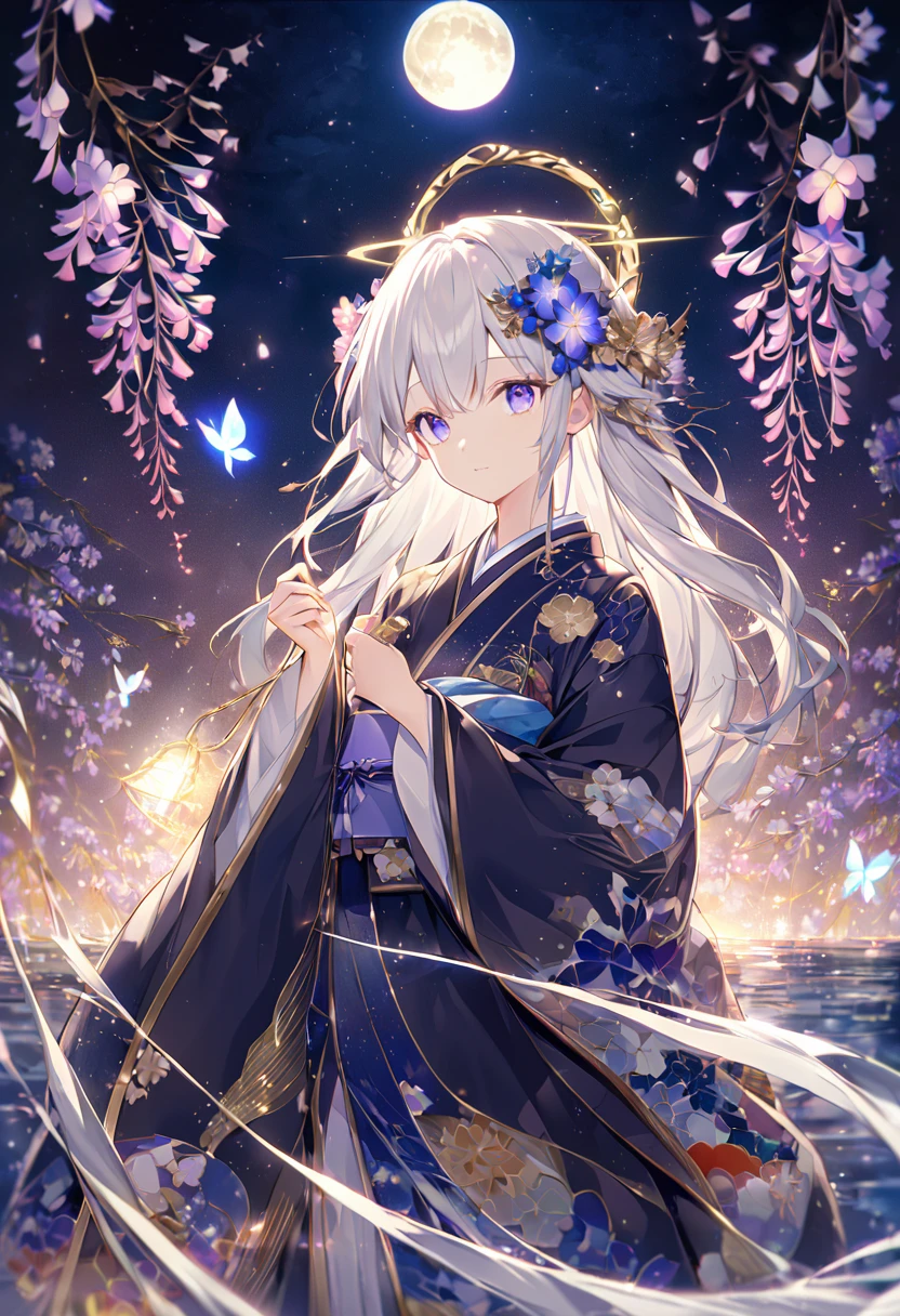 Beautiful girl in a fantastic night view、Anime-style illustrations。Long silvery white hair、Smooth as silk and reflecting light、Fluttering gracefully in the wind。大きなredい瞳、Filled with deep emotion、Shine mystically。Dark blue kimono、Flower and butterfly patterns delicately embroidered with gold thread、Intricate floral decoration on sleeves and hem。A gorgeous flower crown on the head、red、green、purple、pinkの花々The layers are、Wisteria flowers hang gracefully down。My skin is illuminated by the moonlight、Smooth and soft shine like white porcelain。A dignified expression、His eyes show deep thought and a little sadness。Lean your body slightly to the left、The folds of the kimono beautifully overlap。Hair swaying in the wind、The sleeves of the kimono flutter like butterflies。Moonlight and magical light particles softly illuminate your skin、Gives hair a silvery shine。Reflection of light in the eyes、Expressing vitality and mystery。The delicate stitching of the collar and cuffs of Japanese clothing、The gold thread embroidery catches the light and sparkles.。corolla flower々Vivid texture、Expressing the delicacy and three-dimensionality of the petals。Delicate depiction of fingertips、Strength and elegance in your hand。Mysterious and magical atmosphere、Expressions that wander the boundary between reality and dreams。Strength and fragility、A complex allure where beauty and danger coexist。A unique worldview that combines Japanese traditions with magical elements。Against the background of the night sky、A large full moon or halo surrounds the girl。Wisteria flowers hang down profusely、purpleとpinkのグラデーションで幻想的な雰囲気を醸成。Cherry blossom petals flutter in the wind、Expressing delicate movement and a sense of the seasons。Specular reflection on the water surface、Moonlight and flowers々The light of、Creating a fantastical other world。ハイクオリティなAnime-style illustrations、Carefully depicted in detail with delicate lines and rich colors。Fantastic and mysterious atmosphere、Expressing a dreamlike worldview that is far removed from reality。purple、green、pink、Focus on gold tones、深いgreenと明るい光のコントラストが印象的。Strong contrast of light and shadow、Expressing the expanse of space with a sense of depth and 3D effect。Particles of light fly through the air、The stardust-like glow creates a fantastic atmosphere。Petals and light particles dance on the wind、Add movement and life to the entire screen。Magical halo around the character、A mysterious aura。Reflection of light on the water surface、The shimmering water blurs the boundary between reality and fantasy。Position the character slightly left of the center of the screen、3/Four angles emphasize three-dimensionality and depth。Large circular light source in the background、The characters are arranged to envelop them.々Produce a sense of beauty。Vertical composition、Flowers on top々and light、The reflection of the water at the bottom expresses the connection between heaven and earth.。A multi-layered background that gives a sense of depth、Detailed depiction from the foreground to the background、Creating a fantastic space。