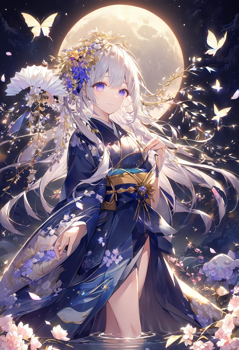 Beautiful girl in a fantastic night view、Anime-style illustrations。Long silvery white hair、Smooth as silk and reflecting light、Fluttering gracefully in the wind。大きなredい瞳、Filled with deep emotion、Shine mystically。Dark blue kimono、Flower and butterfly patterns delicately embroidered with gold thread、Intricate floral decoration on sleeves and hem。A gorgeous flower crown on the head、red、green、purple、pinkの花々The layers are、Wisteria flowers hang gracefully down。My skin is illuminated by the moonlight、Smooth and soft shine like white porcelain。A dignified expression、His eyes show deep thought and a little sadness。Lean your body slightly to the left、The folds of the kimono beautifully overlap。Hair swaying in the wind、The sleeves of the kimono flutter like butterflies。Moonlight and magical light particles softly illuminate your skin、Gives hair a silvery shine。Reflection of light in the eyes、Expressing vitality and mystery。The delicate stitching of the collar and cuffs of Japanese clothing、The gold thread embroidery catches the light and sparkles.。corolla flower々Vivid texture、Expressing the delicacy and three-dimensionality of the petals。Delicate depiction of fingertips、Strength and elegance in your hand。Mysterious and magical atmosphere、Expressions that wander the boundary between reality and dreams。Strength and fragility、A complex allure where beauty and danger coexist。A unique worldview that combines Japanese traditions with magical elements。Against the background of the night sky、A large full moon or halo surrounds the girl。Wisteria flowers hang down profusely、purpleとpinkのグラデーションで幻想的な雰囲気を醸成。Cherry blossom petals flutter in the wind、Expressing delicate movement and a sense of the seasons。Specular reflection on the water surface、Moonlight and flowers々The light of、Creating a fantastical other world。ハイクオリティなAnime-style illustrations、Carefully depicted in detail with delicate lines and rich colors。Fantastic and mysterious atmosphere、Expressing a dreamlike worldview that is far removed from reality。purple、green、pink、Focus on gold tones、深いgreenと明るい光のコントラストが印象的。Strong contrast of light and shadow、Expressing the expanse of space with a sense of depth and 3D effect。Particles of light fly through the air、The stardust-like glow creates a fantastic atmosphere。Petals and light particles dance on the wind、Add movement and life to the entire screen。Magical halo around the character、A mysterious aura。Reflection of light on the water surface、The shimmering water blurs the boundary between reality and fantasy。Position the character slightly left of the center of the screen、3/Four angles emphasize three-dimensionality and depth。Large circular light source in the background、The characters are arranged to envelop them.々Produce a sense of beauty。Vertical composition、Flowers on top々and light、The reflection of the water at the bottom expresses the connection between heaven and earth.。A multi-layered background that gives a sense of depth、Detailed depiction from the foreground to the background、Creating a fantastic space。