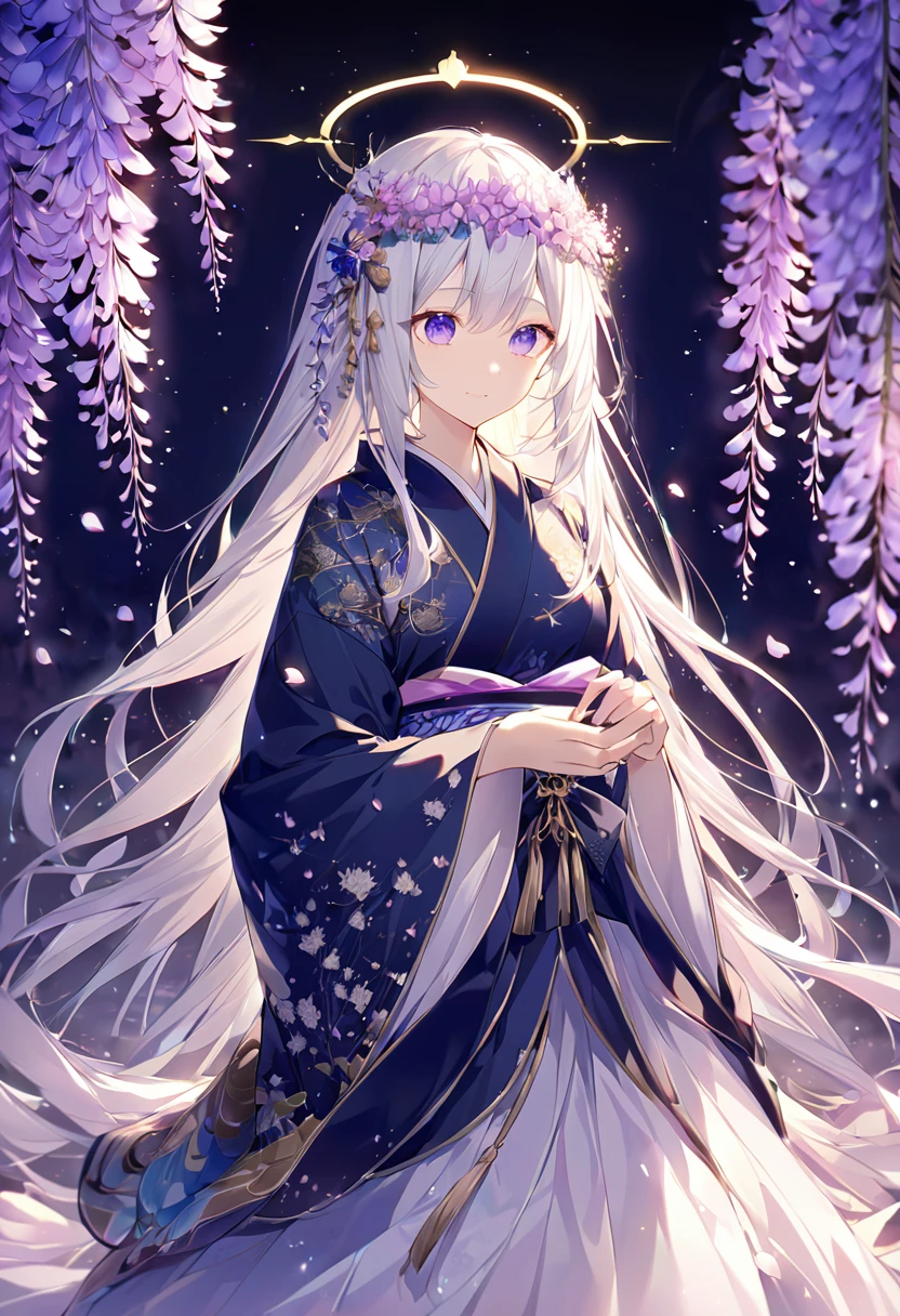 Beautiful girl in a fantastic night view、Anime-style illustrations。Long silvery white hair、Smooth as silk and reflecting light、Fluttering gracefully in the wind。大きなredい瞳、Filled with deep emotion、Shine mystically。Dark blue kimono、Flower and butterfly patterns delicately embroidered with gold thread、Intricate floral decoration on sleeves and hem。A gorgeous flower crown on the head、red、green、purple、pinkの花々The layers are、Wisteria flowers hang gracefully down。My skin is illuminated by the moonlight、Smooth and soft shine like white porcelain。A dignified expression、His eyes show deep thought and a little sadness。Lean your body slightly to the left、The folds of the kimono beautifully overlap。Hair swaying in the wind、The sleeves of the kimono flutter like butterflies。Moonlight and magical light particles softly illuminate your skin、Gives hair a silvery shine。Reflection of light in the eyes、Expressing vitality and mystery。The delicate stitching of the collar and cuffs of Japanese clothing、The gold thread embroidery catches the light and sparkles.。corolla flower々Vivid texture、Expressing the delicacy and three-dimensionality of the petals。Delicate depiction of fingertips、Strength and elegance in your hand。Mysterious and magical atmosphere、Expressions that wander the boundary between reality and dreams。Strength and fragility、A complex allure where beauty and danger coexist。A unique worldview that combines Japanese traditions with magical elements。Against the background of the night sky、A large full moon or halo surrounds the girl。Wisteria flowers hang down profusely、purpleとpinkのグラデーションで幻想的な雰囲気を醸成。Cherry blossom petals flutter in the wind、Expressing delicate movement and a sense of the seasons。Specular reflection on the water surface、Moonlight and flowers々The light of、Creating a fantastical other world。ハイクオリティなAnime-style illustrations、Carefully depicted in detail with delicate lines and rich colors。Fantastic and mysterious atmosphere、Expressing a dreamlike worldview that is far removed from reality。purple、green、pink、Focus on gold tones、深いgreenと明るい光のコントラストが印象的。Strong contrast of light and shadow、Expressing the expanse of space with a sense of depth and 3D effect。Particles of light fly through the air、The stardust-like glow creates a fantastic atmosphere。Petals and light particles dance on the wind、Add movement and life to the entire screen。Magical halo around the character、A mysterious aura。Reflection of light on the water surface、The shimmering water blurs the boundary between reality and fantasy。Position the character slightly left of the center of the screen、3/Four angles emphasize three-dimensionality and depth。Large circular light source in the background、The characters are arranged to envelop them.々Produce a sense of beauty。Vertical composition、Flowers on top々and light、The reflection of the water at the bottom expresses the connection between heaven and earth.。A multi-layered background that gives a sense of depth、Detailed depiction from the foreground to the background、Creating a fantastic space。