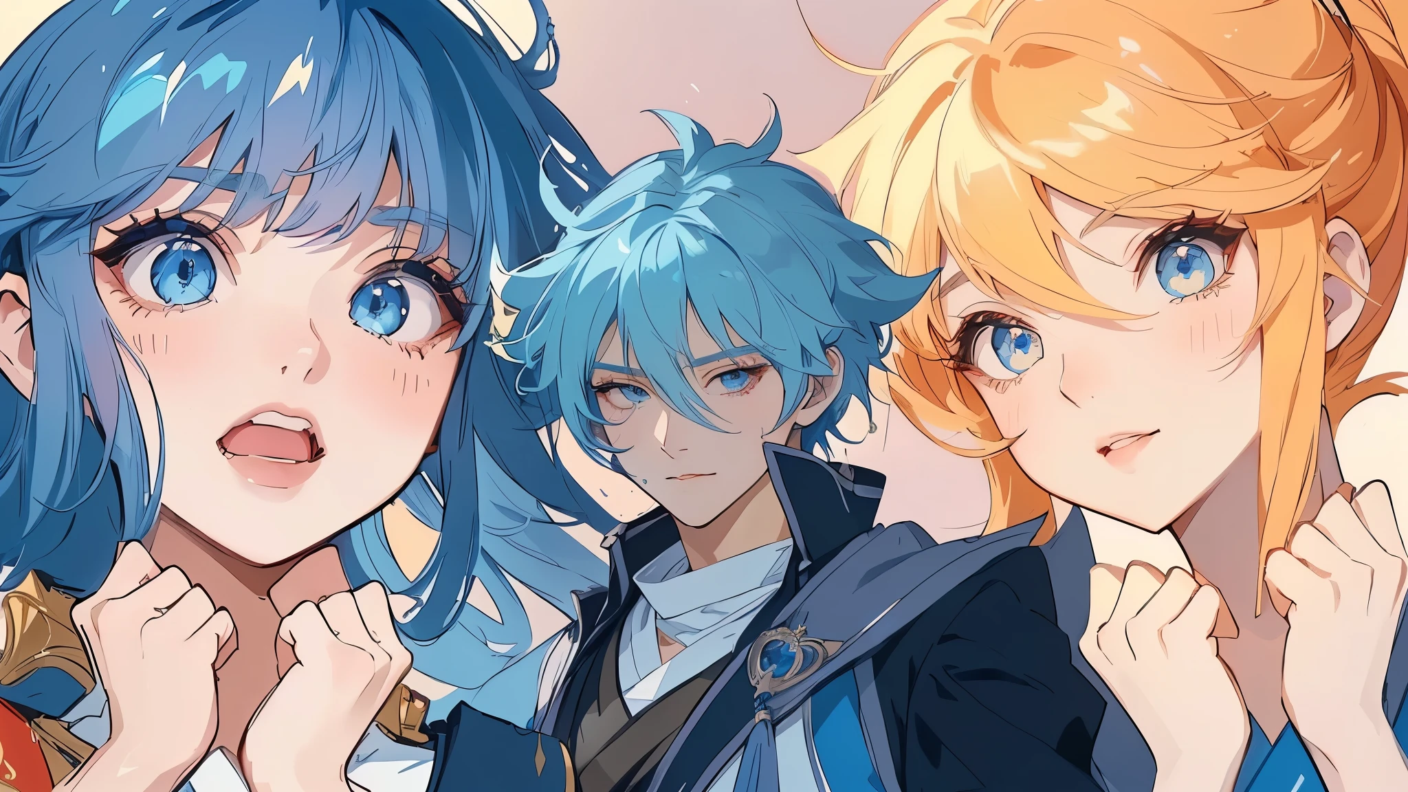 anime characters with different colored hair and blue eyes, anime in fantasy style, genshin, anime style 4 k, 2d art cover, stylized anime, anime art wallpaper 8 k, high quality anime artstyle, anime artstyle, trending anime art, trending on artstation pixiv, game art!!, high quality fanart, 4 k manga wallpaper, Flying hair, sexy girl, sensuous, sorriso sensuous, charming smile, provocative clothes, big boobies, neckleace sensuous, sultry eyes, 8k, smooth lines, sexy girls, big boobies, neckleace, girls with their hands on their faces, cute girls