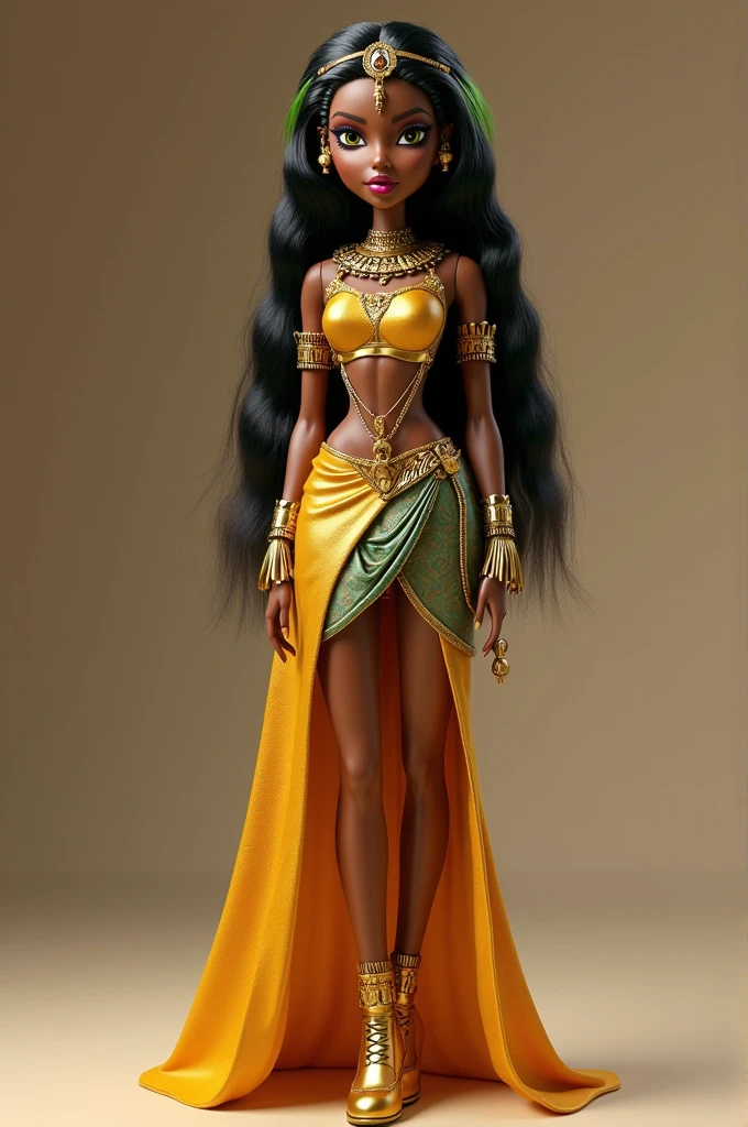 Modelo de boneca monster high, Cleo Di Nile, Egyptian, cabelo preto e green water, caramel brown skin, with clothes inspired by the God Anubis, bringing elements of death, ahnk, golden clothes, green water, roupa estilo moderno anos 2000 com fortes inspirações Egyptian, full body image, golden shoe with egyptian designs
