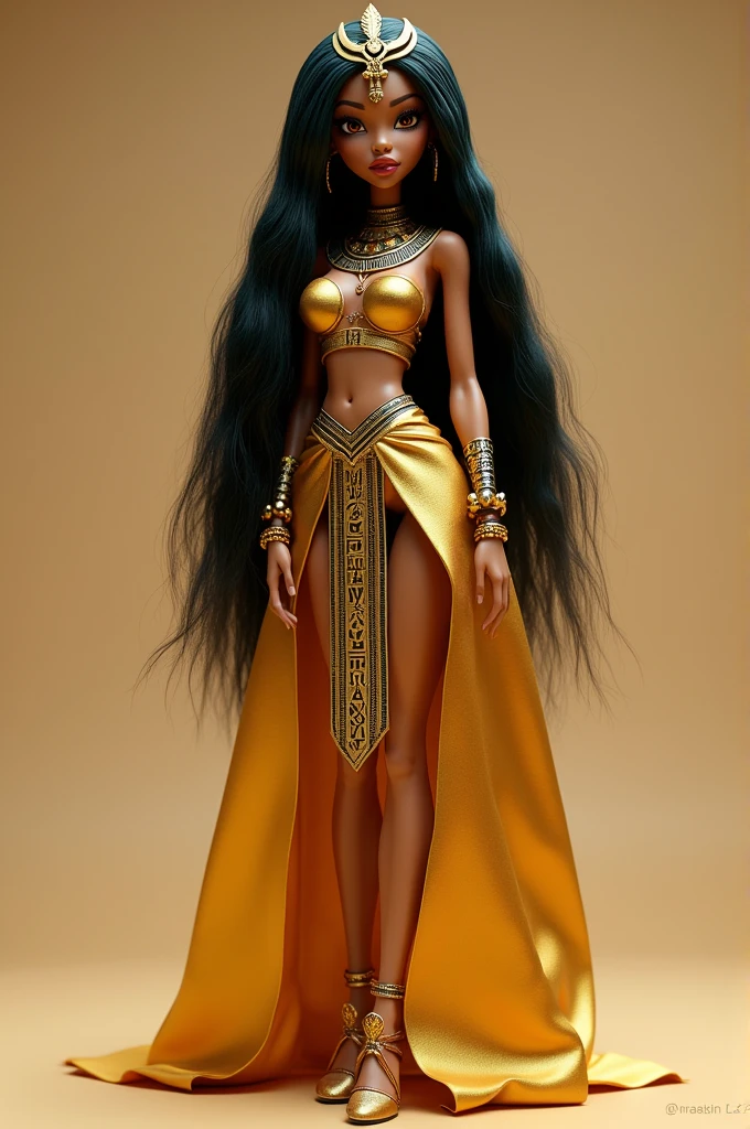 Modelo de boneca monster high, Cleo Di Nile, Egyptian, cabelo preto e green water, caramel brown skin, with clothes inspired by the God Anubis, bringing elements of death, ahnk, golden clothes, green water, roupa estilo moderno anos 2000 com fortes inspirações Egyptian, full body image, golden shoe with egyptian designs