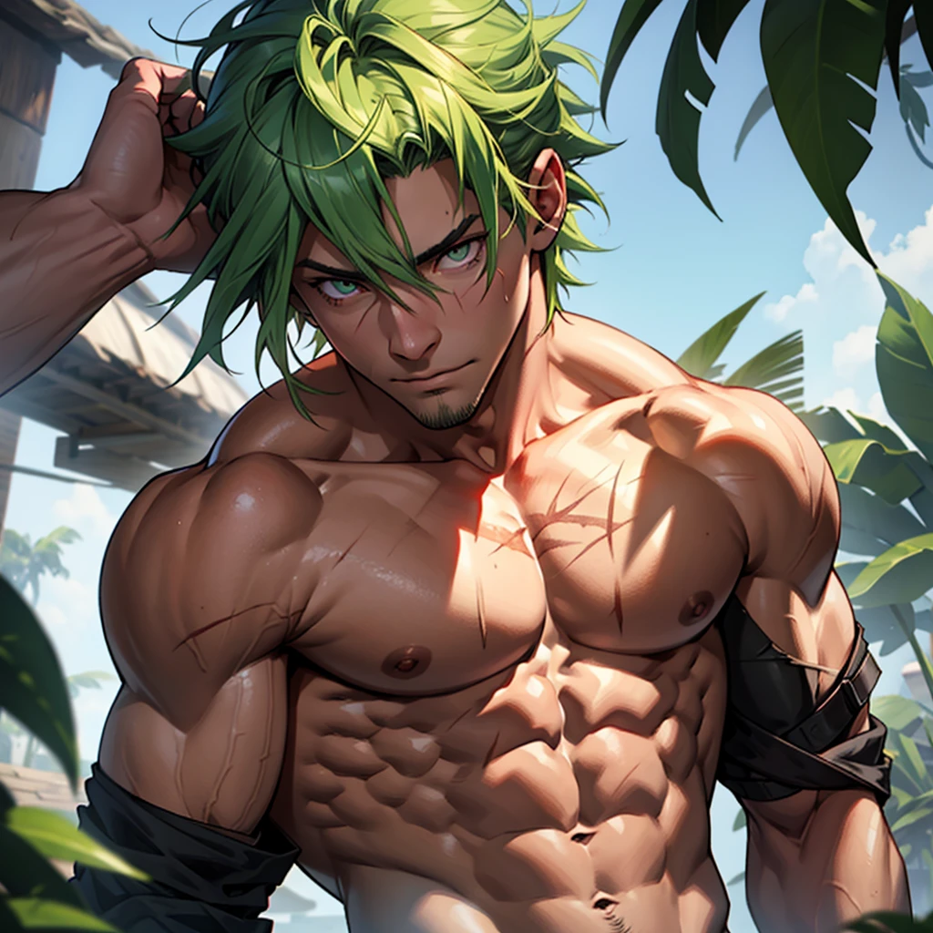 It was a man, with green hair, pink eyes, bare-chested, strong muscles, very large body, and three scars on the right side of his face.