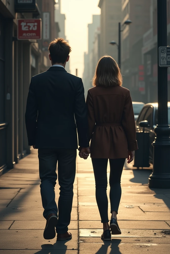 Man from behind walking back to back with woman from behind on realistic sidewalk