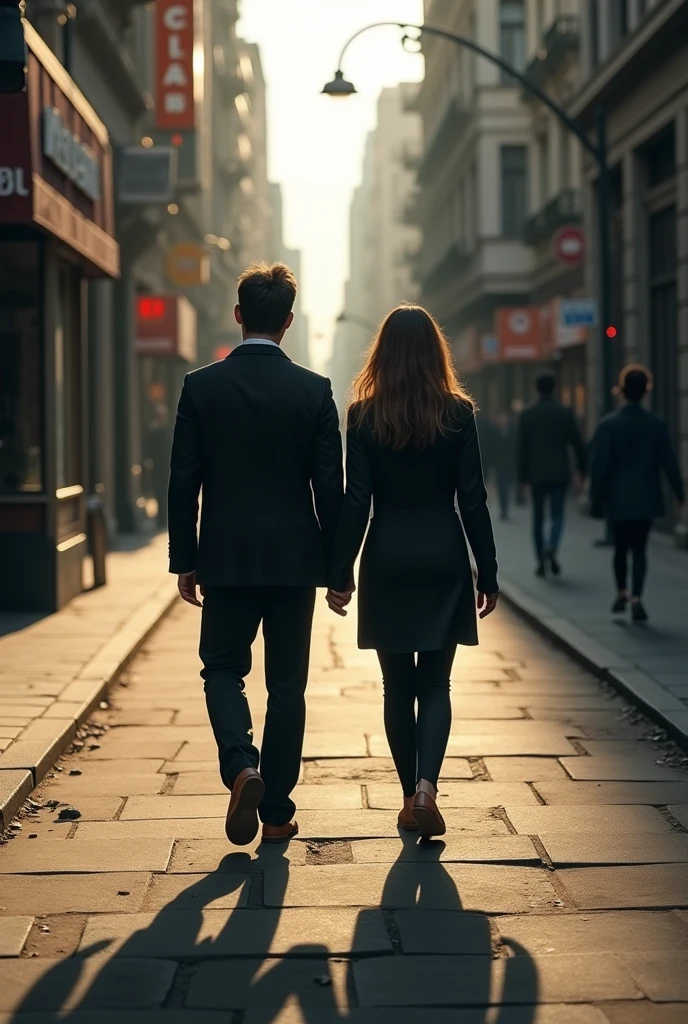 Man from behind walking back to back with woman from behind on realistic sidewalk