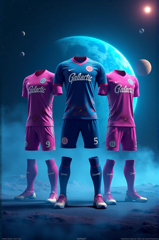 Create an image showing three sports uniforms with a space and galactic theme.. They have an attractive and futuristic design, with planets, stars and cosmic mists in blue and black tones. The jerseys have the name "Galactic" and name it "Santa Cruz"
somewhere printed in the center. It appears to be a uniform design for a sports team., maybe soccer or volleyball. It is a very creative and eye-catching design., that captures the imagination of space and celestial bodies.