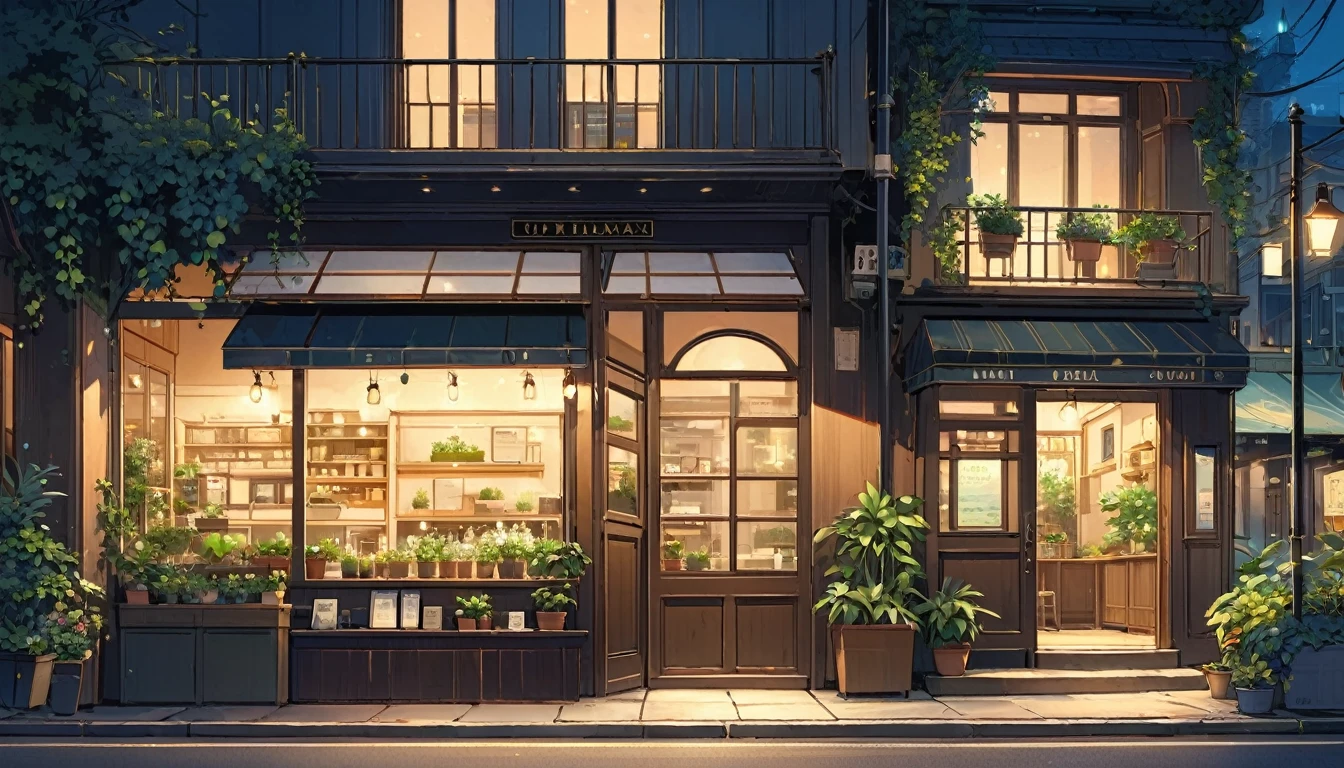 best quality, ultra-detailed, illustration,
fukuhara, storefront, scenery, night, plant, sign, lamppost, window, building, door, outdoors, city, potted plant