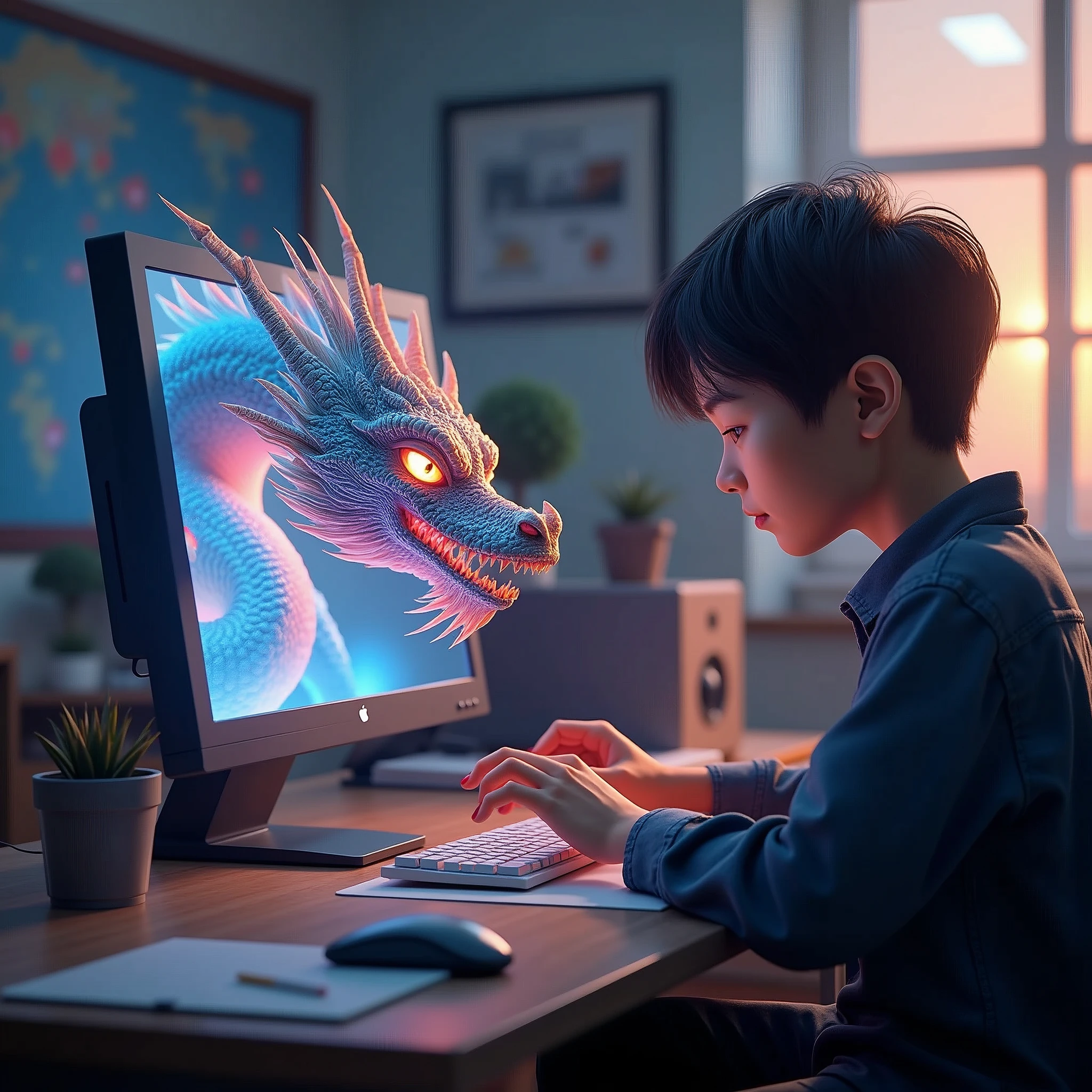 3d animator artist, academy, front of computer, Dragon go throught screen, 3d project, asian, class room background