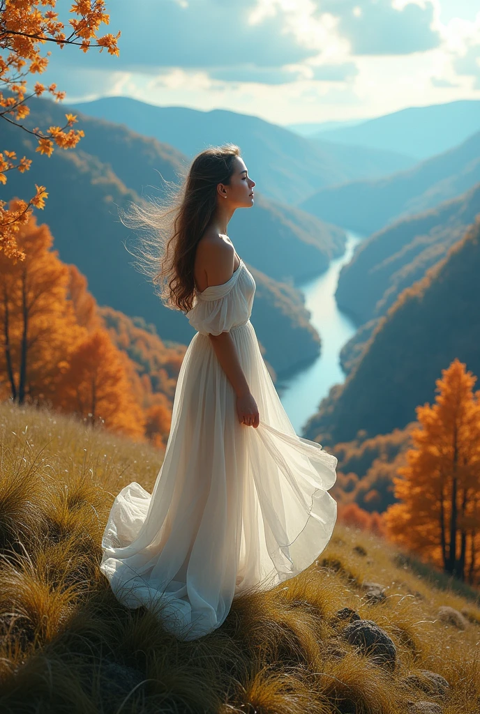 beautfiul woman, 8k wallpaper, beautiful photo, standing on a hill with a blue sky, leaves turning colors on trees, river in background