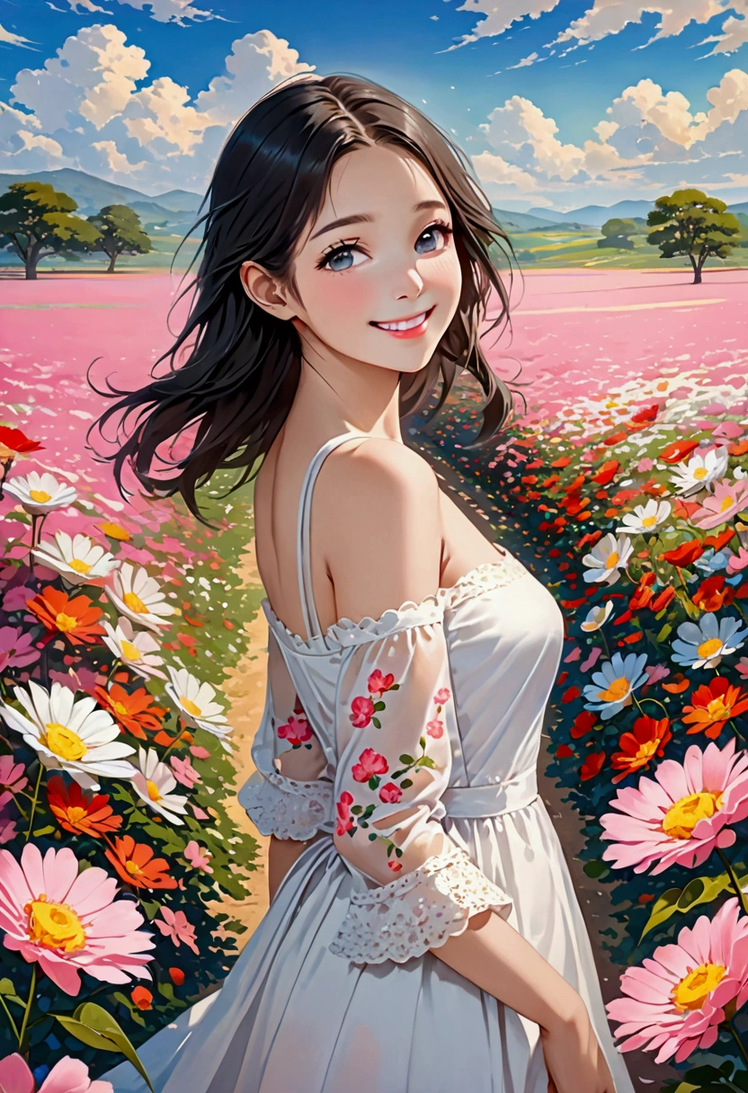 best quality, masterpiece, Ultra-high resolution (Reality: 1.4), RAW photos, 1 girl, White Dress, Bare shoulders, Blooming pink flower field, Radiant Skin, Smile