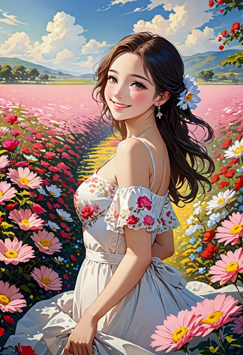 best quality, masterpiece, Ultra-high resolution (Reality: 1.4), RAW photos, 1 girl, White Dress, Bare shoulders, Blooming pink flower field, Radiant Skin, Smile