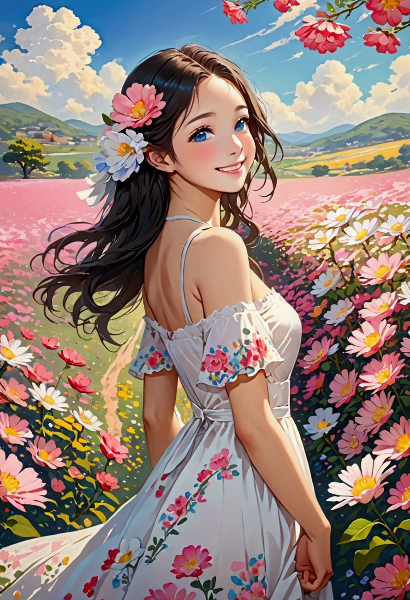 best quality, masterpiece, Ultra-high resolution (Reality: 1.4), RAW photos, 1 girl, White Dress, Bare shoulders, Blooming pink flower field, Radiant Skin, Smile