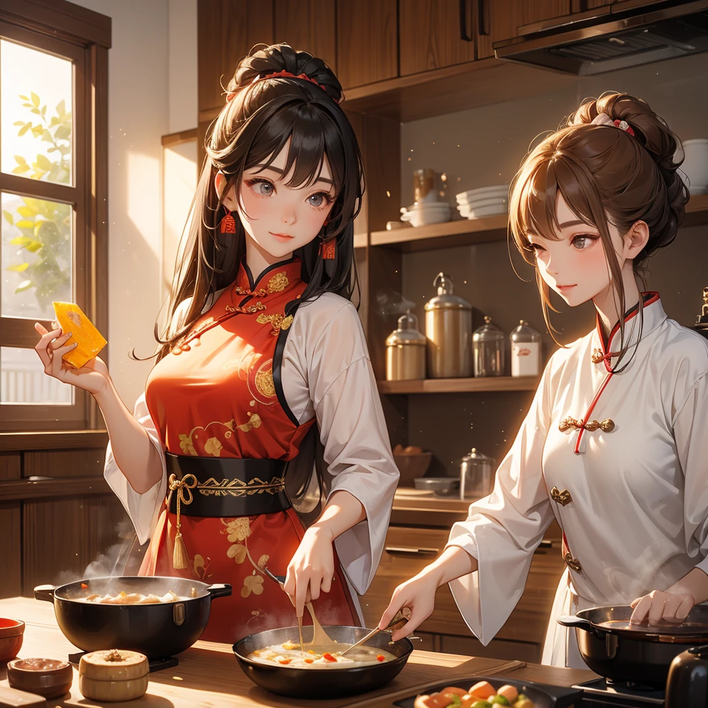 Beautiful girl in ancient Chinese costume Standing and cooking in the kitchen, in the middle of the day. The sun shines on my face, my eyes sparkle. There is a place for steaming steamed buns nearby, close up.