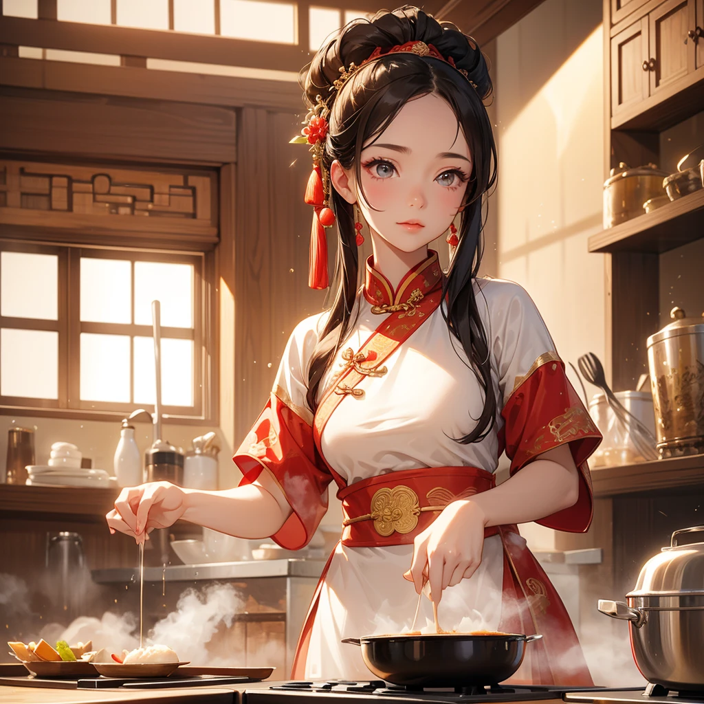 Beautiful girl in ancient Chinese costume Standing and cooking in the kitchen, in the middle of the day. The sun shines on my face, my eyes sparkle. There is a place for steaming steamed buns nearby, close up.