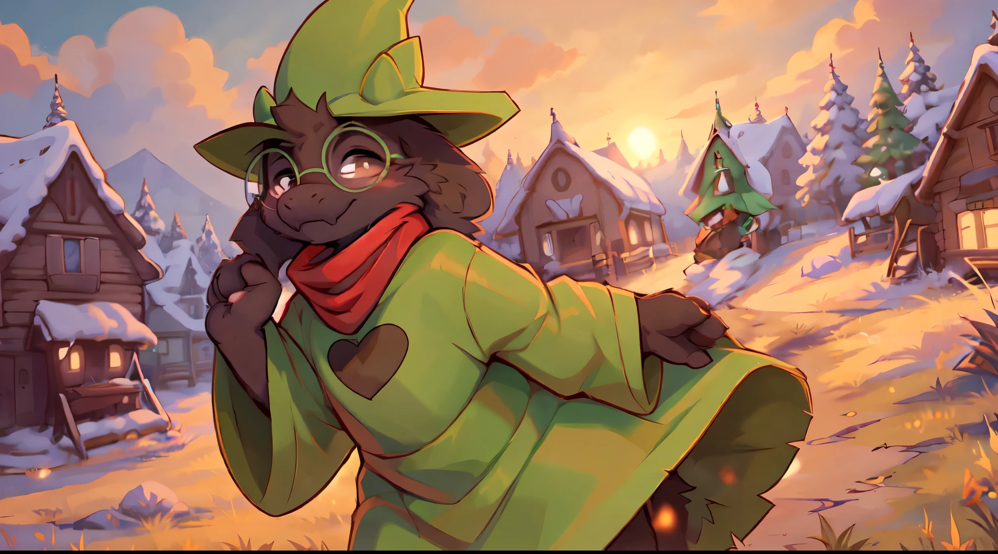 uploaded on e621, ((by Reysi)), (((Ralsey))), (goat), (Red scarf, green robe, green wizard hat, green glasses), smile, (pose:1.3), (Posing:1.3), (Soft shading), 4k, in an orange field with a town in the distance at sunset
