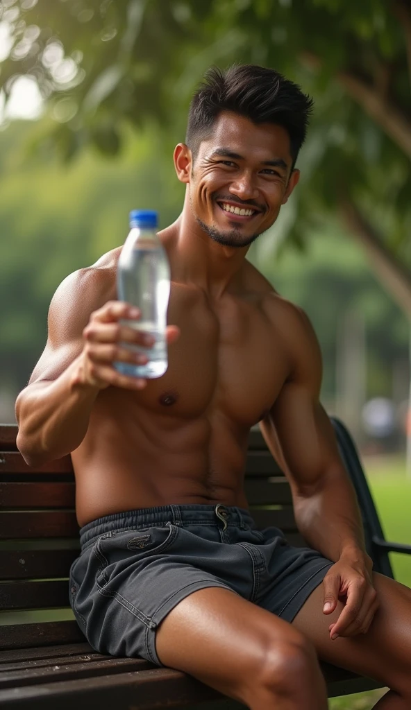 photorealistic, best quality, masterpiece, extremely detailed, sexy, homoerotic, extremely handsome, youthful, 25 year old muscular malay man, ((muscular bodybuilder)), ((massive thighs)), tight booty shorts, big bulge, very sweaty, big smile, happy, sitting relaxed on bench, he holds out a water bottle towards camera, at park, looking directly at camera, side view, extremely romantic atmosphere, perfect face, perfect fingers, perfect hands, perfection