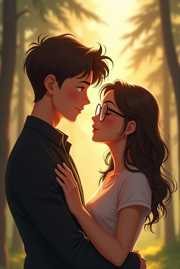 A couple looking at each other face to face with love, They are hugging each other and he has his arms on her waist. Close-up. The boy is white., Beautiful, Good boy his clothes are black and he doesn&#39;t wear glasses The girl has loose curly hair, tall with glasses is shorter than him In the background a pine forest with light Animated