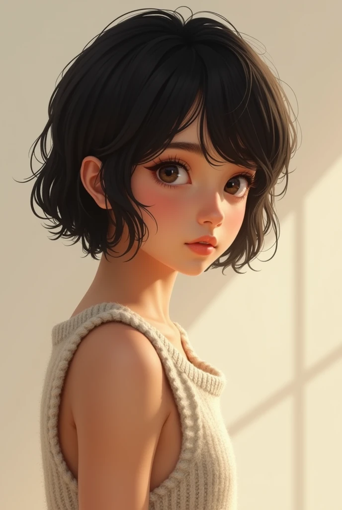 reallistic,girl with,A dark-haired,Shorthair,Sleeveless knitwear,big sister,A slender
