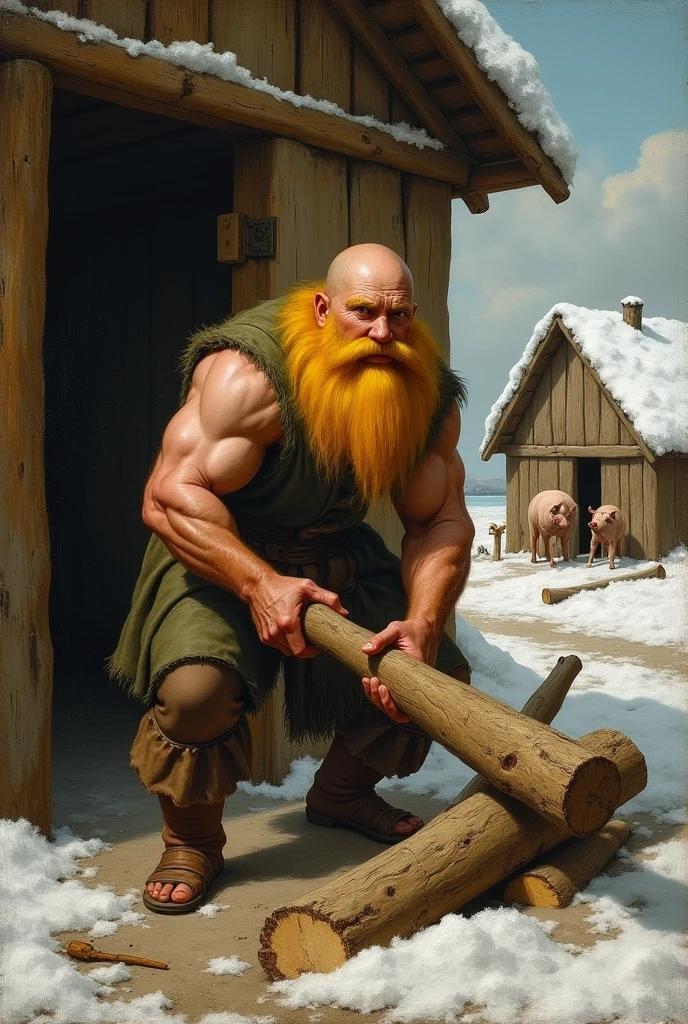 Renaissance painting of a Viking with a very strong yellow mustache , splitting wood under a wooden hut, outside the ranch you can see a pigsty with pigs and it is very cold