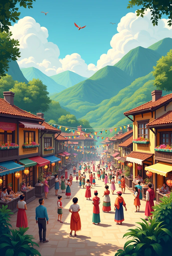 A town with green mountains where citizens celebrate a festival of well-being