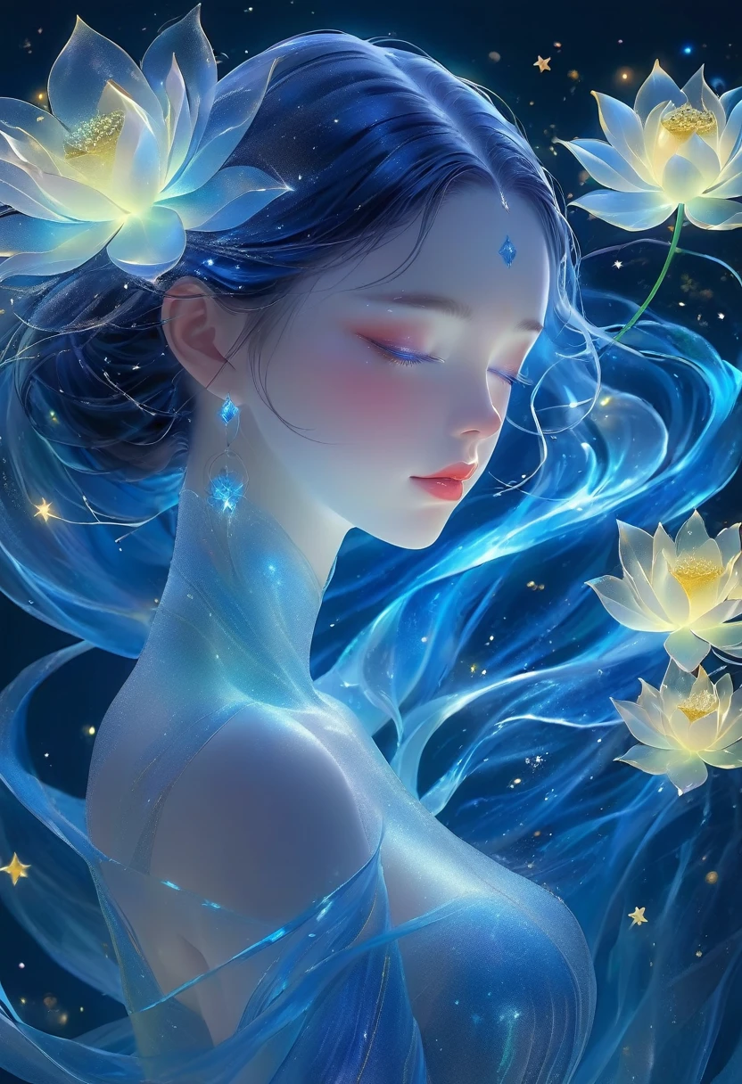 Imagine the Glass Lady, Her delicate figure is sculpted like a work of art, Crying in the Starry Sky. The blue night enveloped her, Casting a melancholic glow on her ethereal figure. Her glass Body Glows with bright blue hues, Every line and curve is expertly carved.. The glass in her eyes reflects the twinkling stars, Reflecting the infinite depth and emotion of the universe. Her grief is indescribable, But her beauty remains intact., Proof of the incredible power of emotions. This 4K glass woman is an exquisite picture of light and shadow, color, And emotions, arrival,Body Glow,Glowing Lines,fluorescence,A bright example,Tracking example,flash,萤Particles of light,Backlight,translucent,Particles of light,Correct human anatomy,