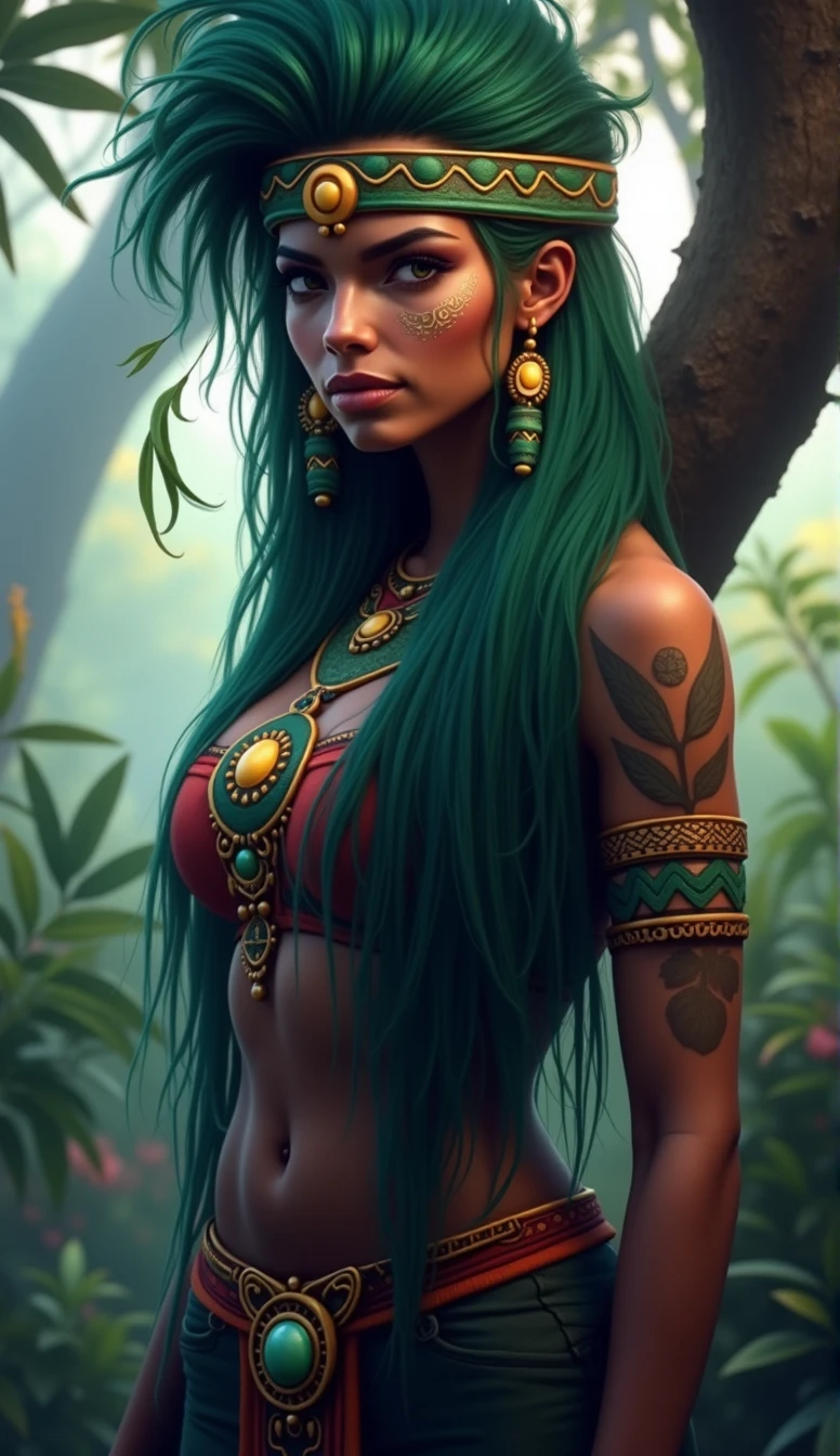 Amazon indigenous girl, hair color aqua lsrgo add high definition add_detail:1, kitsune ears, tribal tattoo add_detail:1, in ruins in the jungle, barefoot, tribal costume add_details:1, giant aquamarine feather wings_detailsl:1 ,alas hermosas la mejor calidad y detail en las plumas, add blue saturation light_detailsl, sensual pose, whole body 