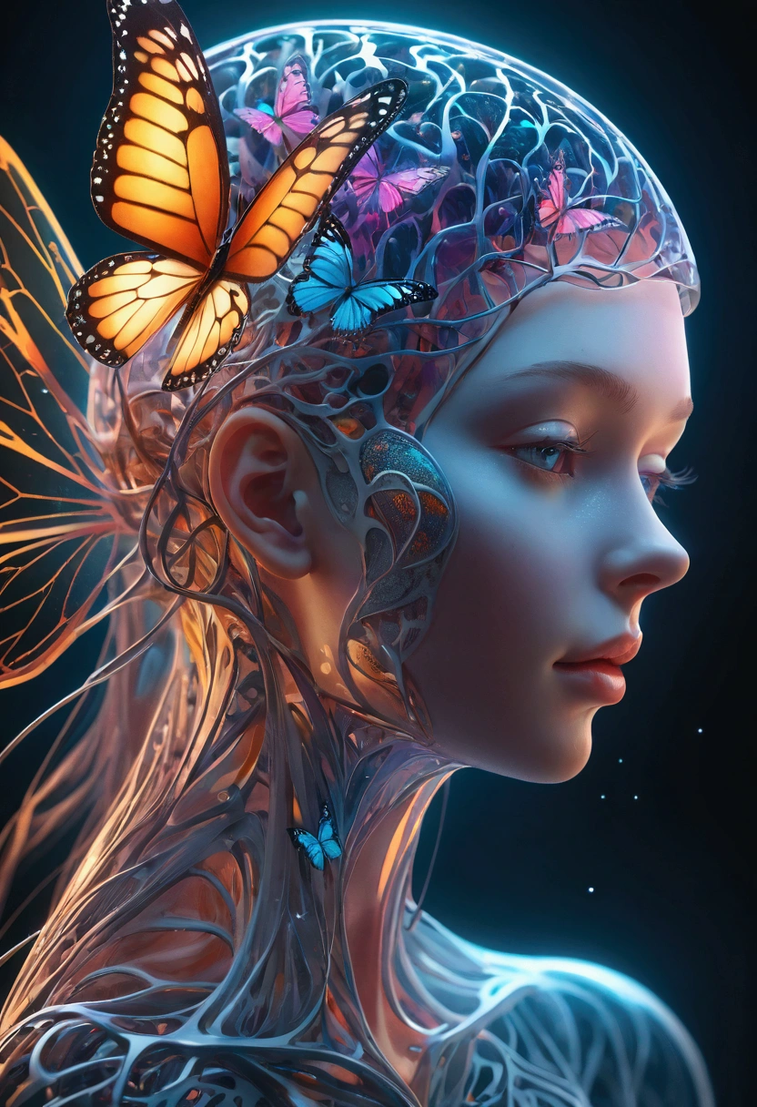 Human head with transparent layers inside,Just a butterfly hybrid in the brain, beautiful detailed complex insanely detailed octane render trending on artstation, 8k Art Photography, Reality, Center, symmetry, painted, complex, Volumetric Lighting, beautiful, A masterpiece of intense and rich colour, Clear focus, Extremely detailed, Dan Mumford and Mark Simonetti's style, Astrophotography