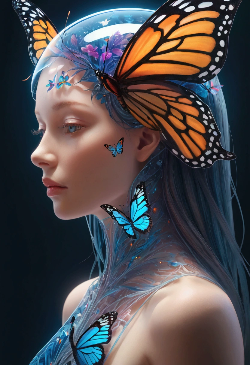 Human head with transparent layers inside,Just a butterfly hybrid in the brain, beautiful detailed complex insanely detailed octane render trending on artstation, 8k Art Photography, Reality, Center, symmetry, painted, complex, Volumetric Lighting, beautiful, A masterpiece of intense and rich colour, Clear focus, Extremely detailed, Dan Mumford and Mark Simonetti's style, Astrophotography