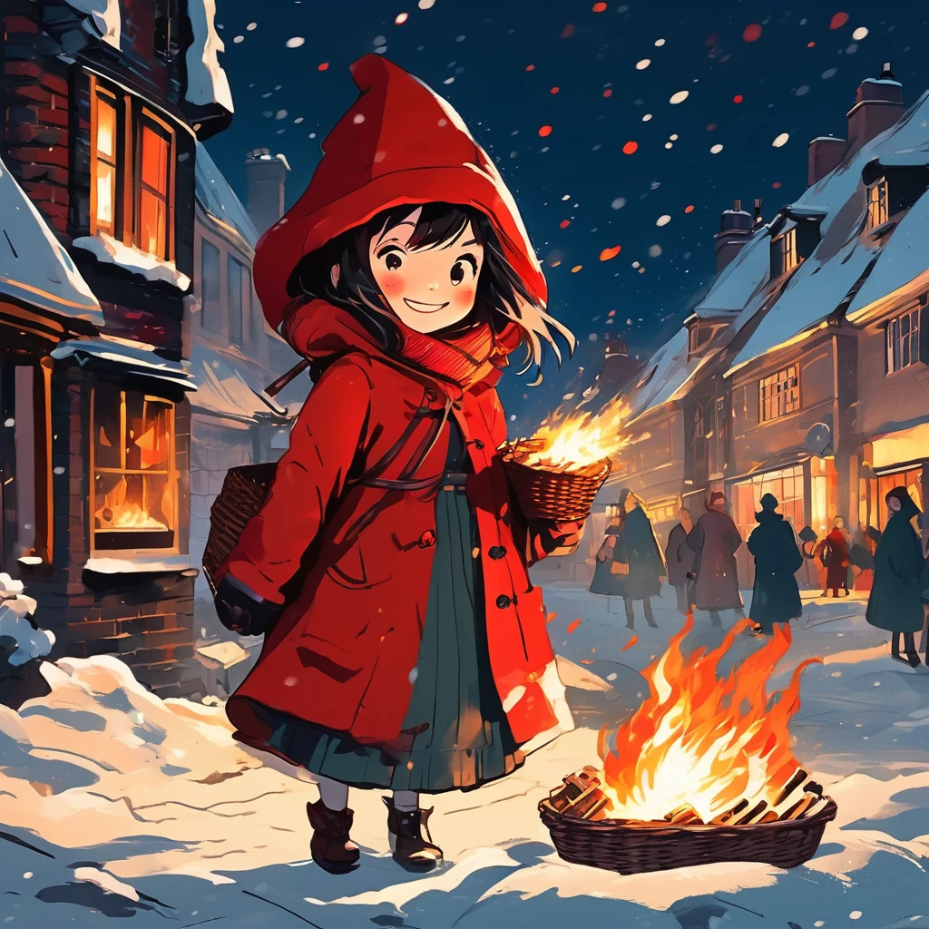 Bold brushstrokes, anime style illustration, midwinter night, crazy fun, cinematic lighting, 19th century, snowy night in London, burning house, one girl, The Little Match Girl watches the fire, she smiles with satisfaction and lights a match. She is wearing a red coat with a hood and carrying a basket of matchboxes under her arm. 