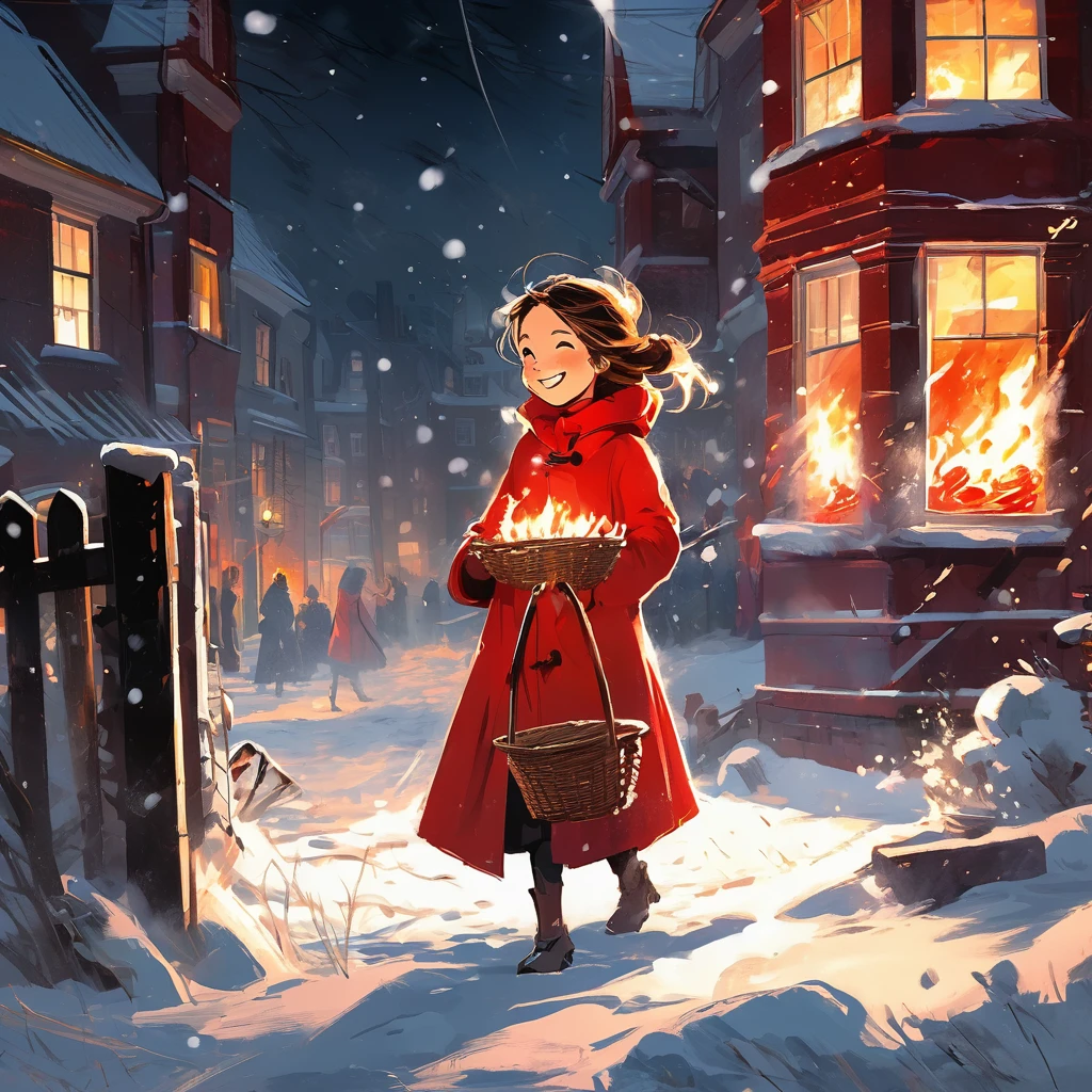 Bold brushstrokes, anime style illustration, midwinter night, crazy fun, cinematic lighting, 19th century, snowy night in London, burning house, one girl, The Little Match Girl watches the fire, she smiles with satisfaction and lights a match. She is wearing a red coat with a hood and carrying a basket of matchboxes under her arm. 