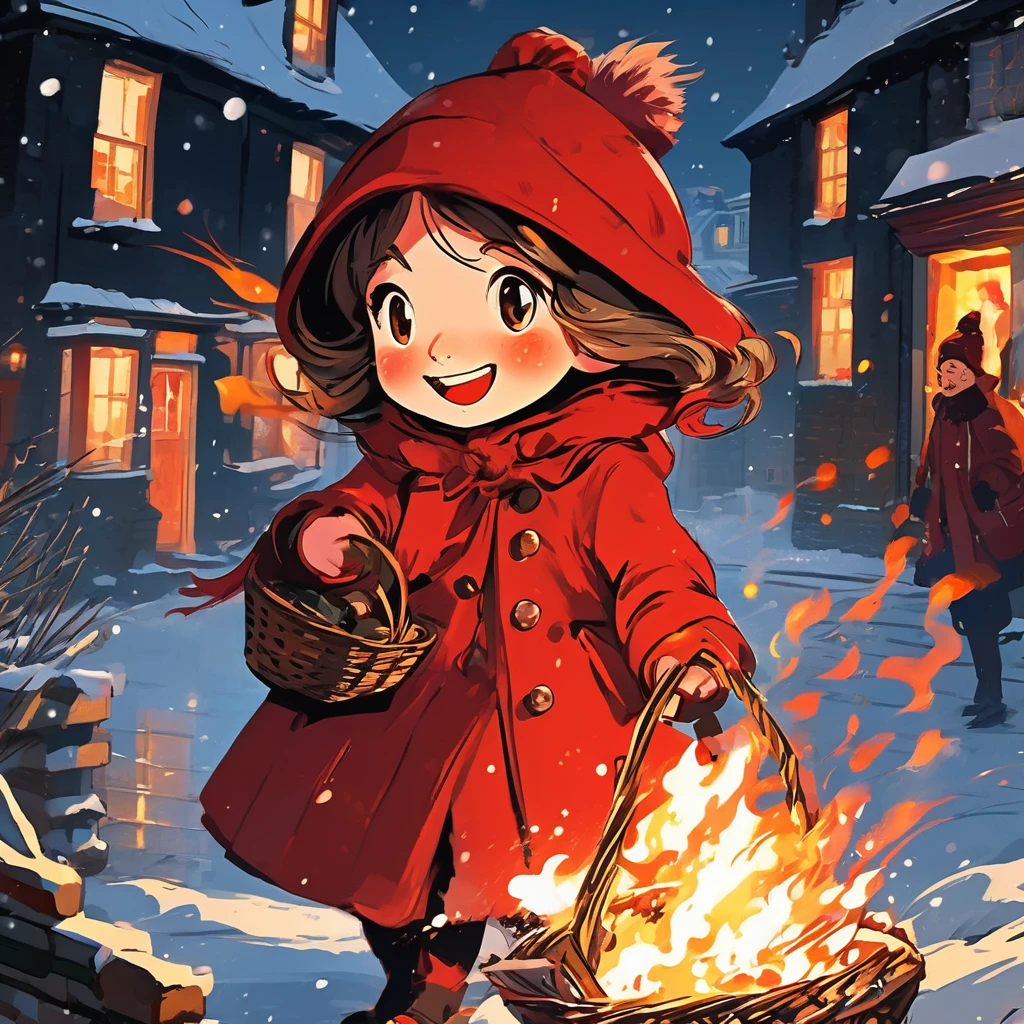 Bold brushstrokes, anime style illustration, midwinter night, crazy fun, cinematic lighting, 19th century, snowy night in London, burning house, one girl, The Little Match Girl watches the fire, she smiles with satisfaction and lights a match. She is wearing a red coat with a hood and carrying a basket of matchboxes under her arm. 