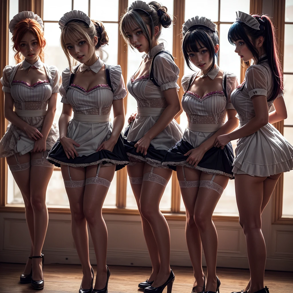 (Full Body of Extremely Detailed((Kawaii Maid Group in a row:1.37))), Cute perfect face, Reflective Eyes, Detailed(Delicate Clothing textures), Correct Leg Line, Dynamic Joyful Expressions LifeLike Rendering, Specular Reflection, TopQuality 8K Ultra-detailed masterpiece (ProfessionalPhoto:1.37), (Acutance:0.8), (Luminism:1.28), (Renaissance art style), Colorful Light particles, ((Full body from side)), {MicroMini Skirt|Kissing|Breast Lifting|Undressing|Thigh Gap|AssFocus}, Radiant Fine Skin with Transparency, (Exposed:0.5), (Different types of Anime hair color){Pink Hair|Blue Hair|Liquid Hair}, Perfect Lighting 