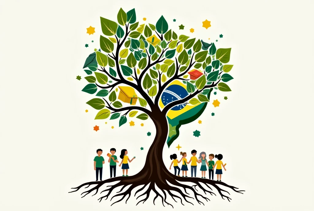 Design a Brazil Teacher's Day image featuring a large, vibrant tree with its roots shaped like the Brazilian map. The branches of the tree are made up of different educational symbols (books, pencils, graduation caps) and leaves in the colors of the Brazilian flag. The background can show students and teachers coming together to nurture the tree, symbolizing the growth and impact of education.