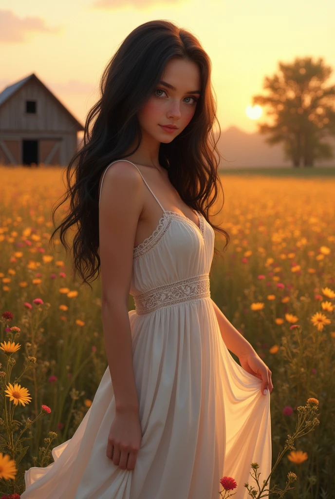 A young woman in a sprawling, 18 years old, blue eyes, dark black hair, beautiful breast, rustic country field at sunset. She's wearing a simple white sundress with lace detailing, and her hair is down in loose, straight. Her makeup is understated, emphasizing her blue eyes and the warmth of the golden hour lighting. The field is dotted with wildflowers and a distant rustic barn, portraying a serene and picturesque rural setting. She is slightly lifting the sundress to make her appear sexy