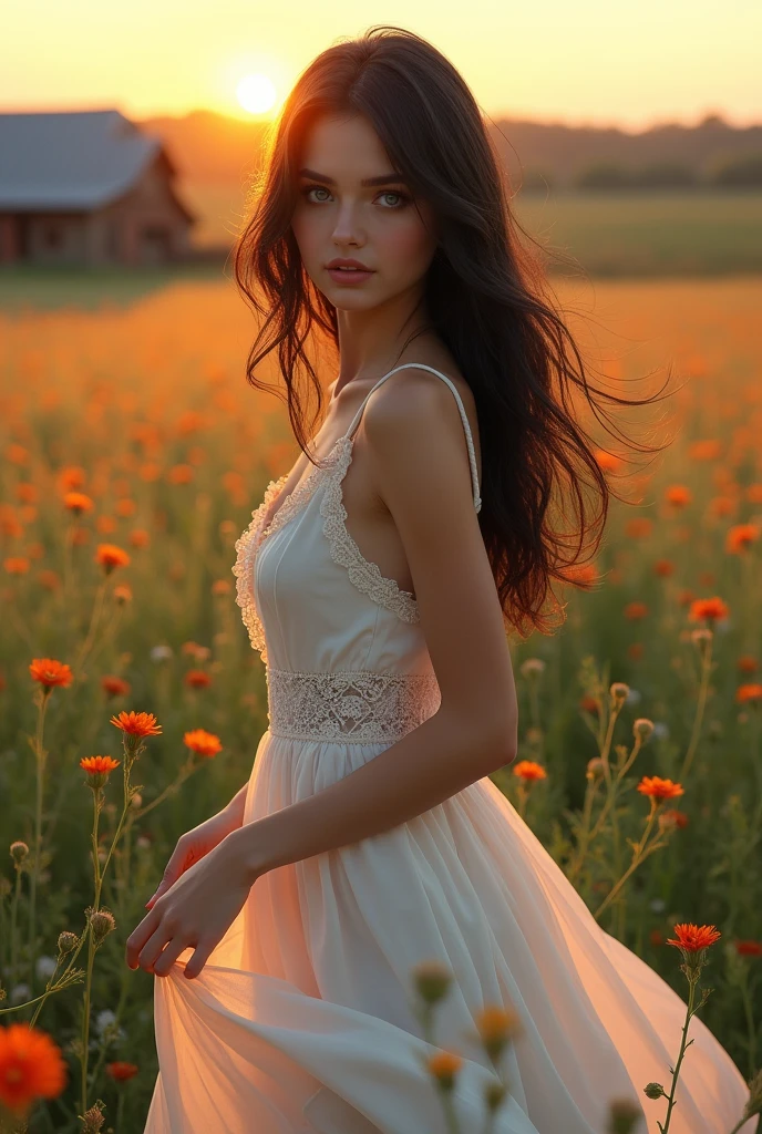 A young woman in a sprawling, 18 years old, blue eyes, dark black hair, beautiful breast, rustic country field at sunset. She's wearing a simple white sundress with lace detailing, and her hair is down in loose, straight. Her makeup is understated, emphasizing her blue eyes and the warmth of the golden hour lighting. The field is dotted with wildflowers and a distant rustic barn, portraying a serene and picturesque rural setting. She is slightly lifting the sundress to make her appear sexy