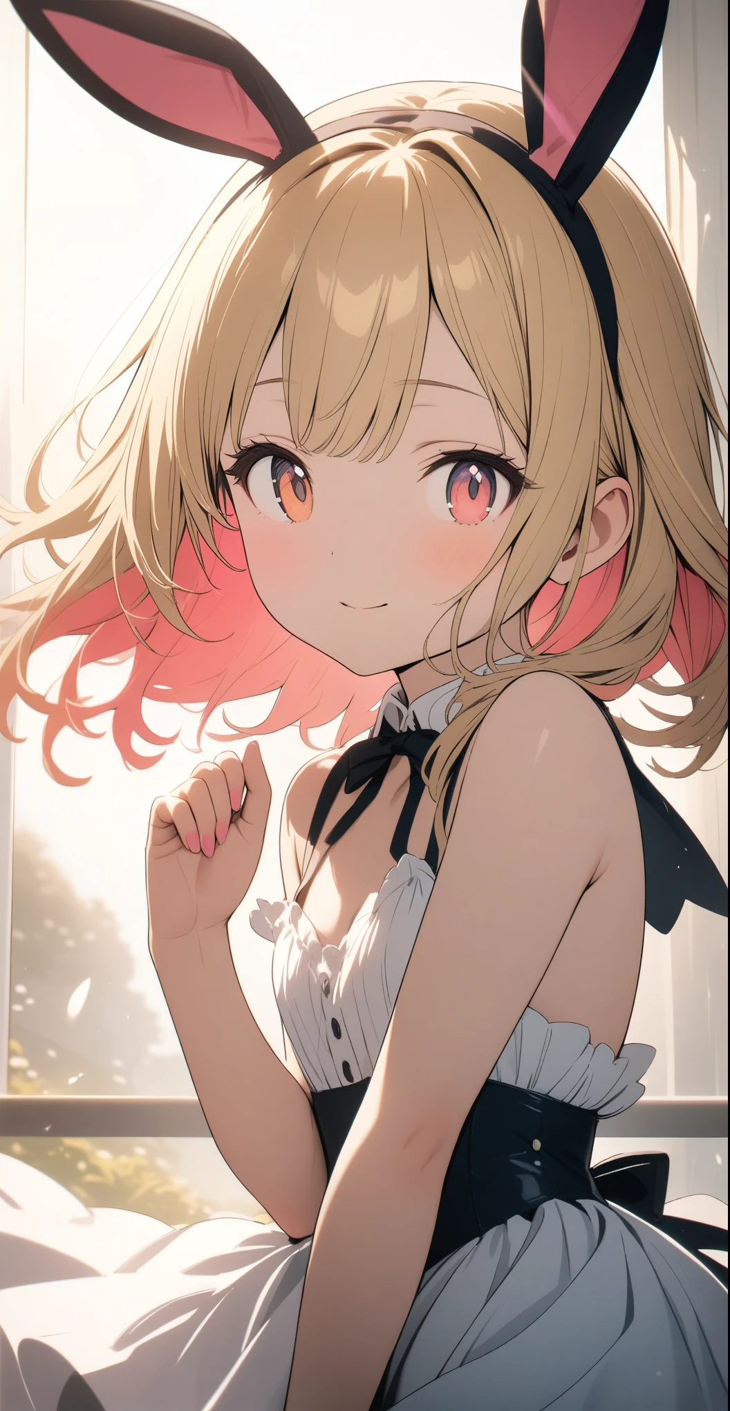 15 year old pretty girl, ((Bunny Girl Costume))、(Golden hair colour、Red pink inner color hairstyle), Beautiful Hair, Facial Contour, Remember, bar、 sunlight、splash, Lens flare,, Natural Color, High resolution, Very delicate, Very detailed, 8k,(Breast swelling、About B cup)、(Shyness),((Sexual))、(Sexualな画角)、smile
