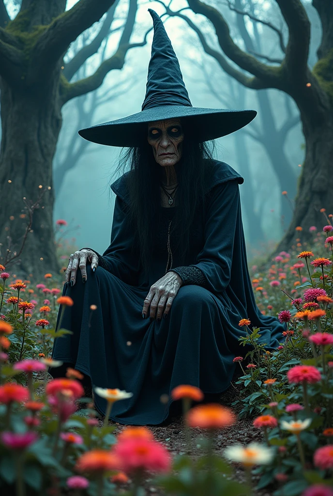 Old scary evil witch woman in hat sits in fairy forest with bright flowers