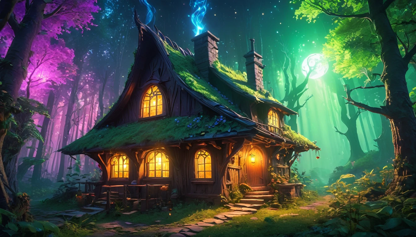 (anime, fantasy, witch house), (detailed CG unity 8k wallpaper, masterpiece, best quality, hyperdetailed, HDR:1.2), vibrant colors, A sole small witch house in an enchanted bioluminescent forest, wonky house, chimney. magical forest, enchanted, beautiful, ethereal lighting, lens flare
