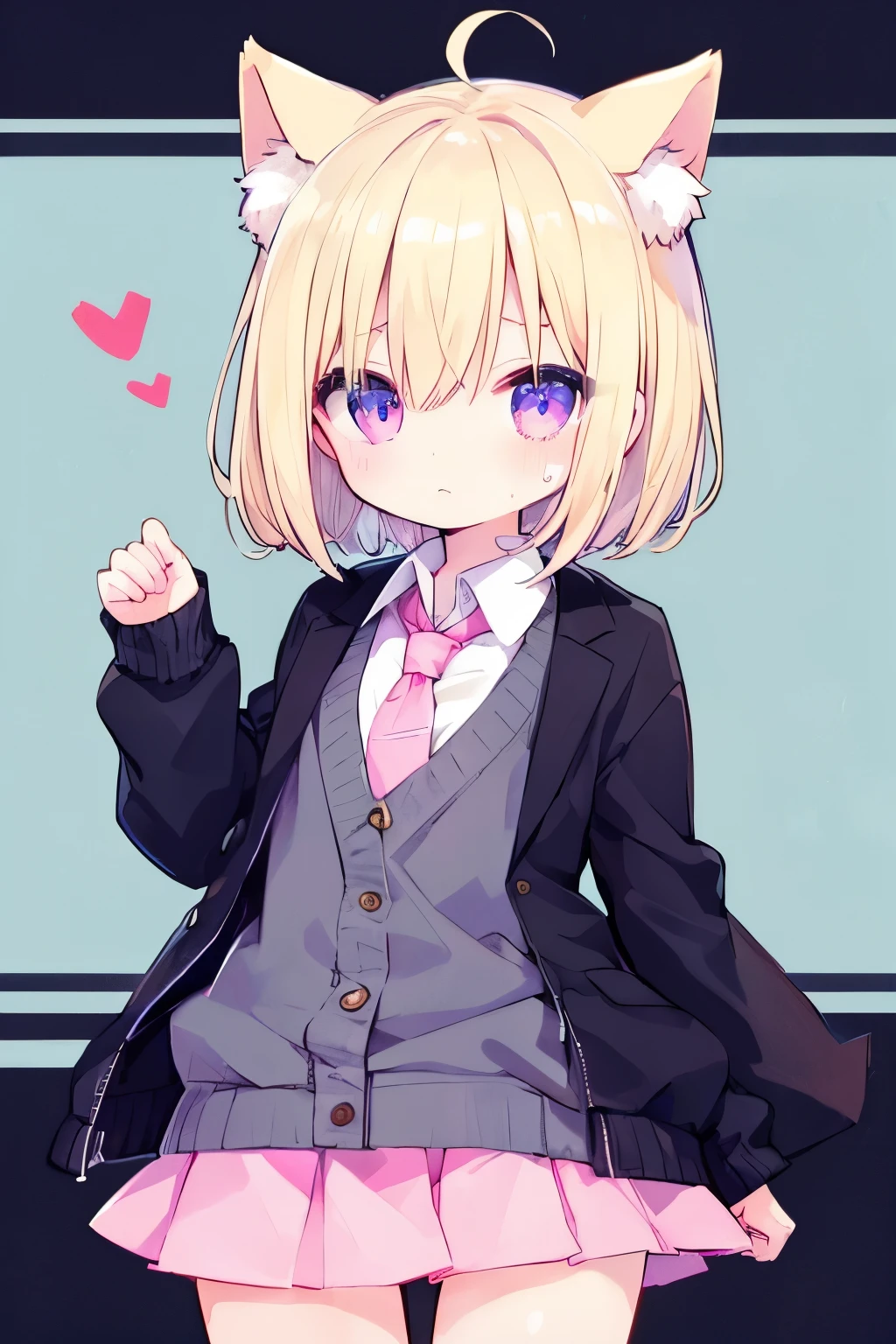 Blonde cardigan、Pink Skirt、Putting on a collar、Elementary school girl、platinum blonde short cut,Very beautiful and Shining Eyes、Shining Eyes、1 person、Cat ear、(((((Small body)))))、heart❤、((Sweat、vapor))