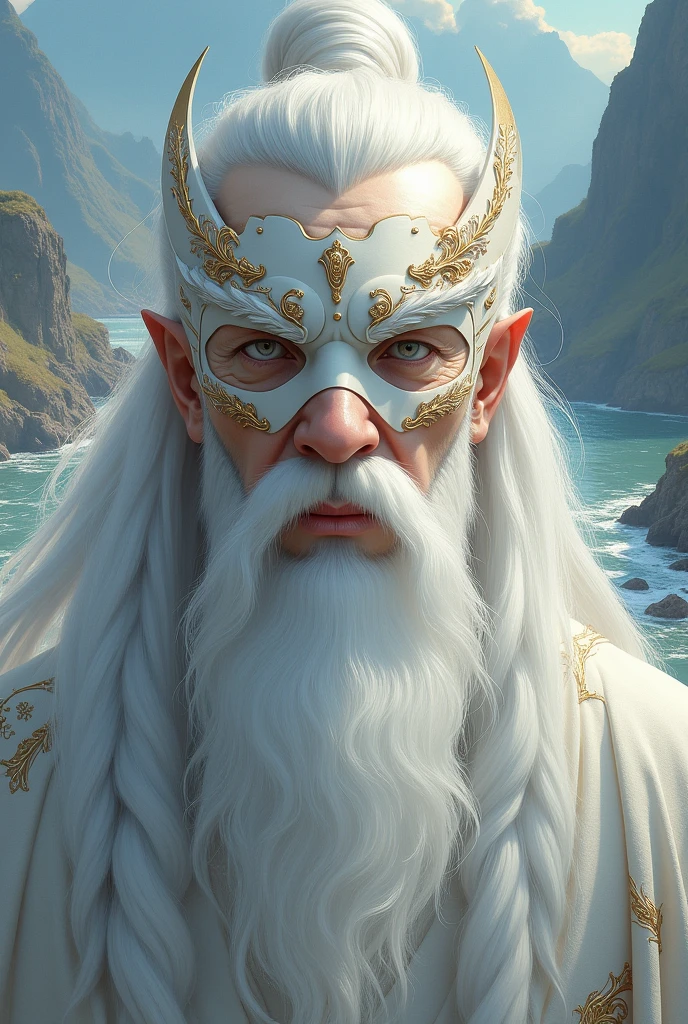 masterpiece, Close-up of a gray-haired man wearing a white mask, Beautiful character painting, Guvitz, Guwiz style artwork, White-haired god, Yang Jian, Epic and beautiful character art, Amazing character art, Fan Qi, Wu Zhun Shifan, Gu Vitz from Pixiv Art Station, antique, Mountains and rivers
