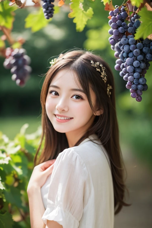 Vineyard、Large grape fruits、Bunches of grapes、Grape leaves、wine glass、Decorative、Art Nouveau、Medieval Europe、French linen white shirt、Roll up your sleeves、Smile a little、masutepiece、Highest quality、8k、One person、20-year-old、whole body、solo、cute、Girly、Delicate、Neat and clean beauty、Raw Photos、Professional photos、Portrait、Soft Light、Professional Lighting、Backlight、I look forward to seeing you、Sophisticated、Film Grain、(detailed:1.0's eyes and face)、Medium length floating hair、Beautiful flowing hair